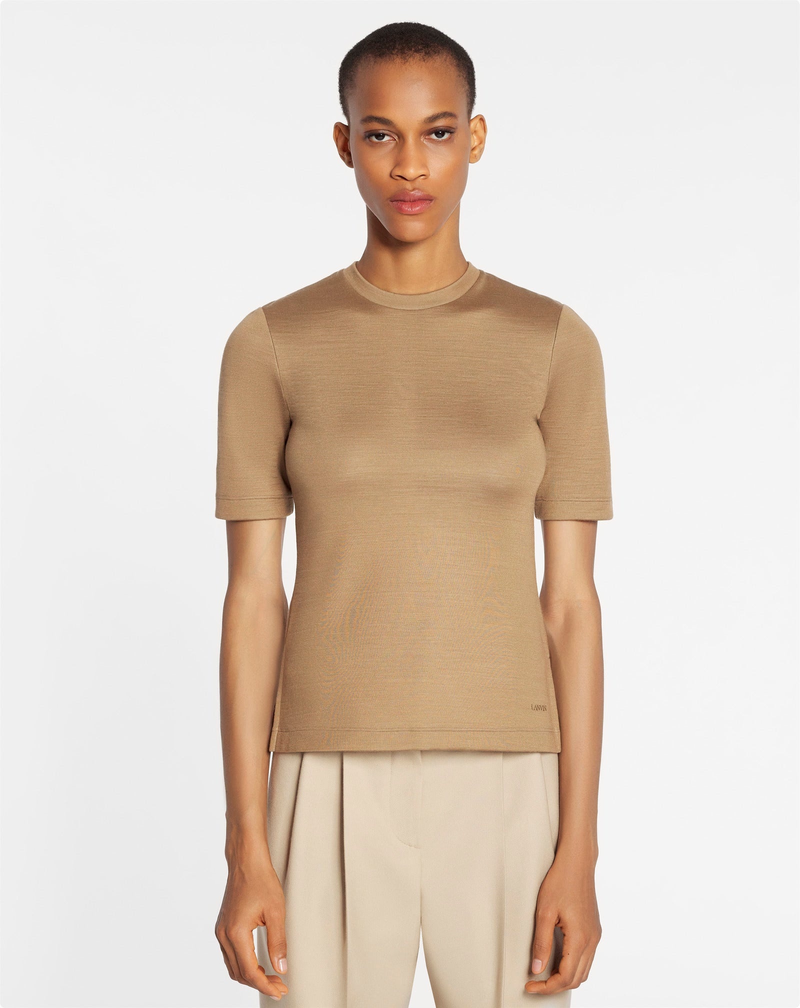 FITTED OPEN NECK SHORT SLEEVE TOP  IN WOOL AND SILK - 3