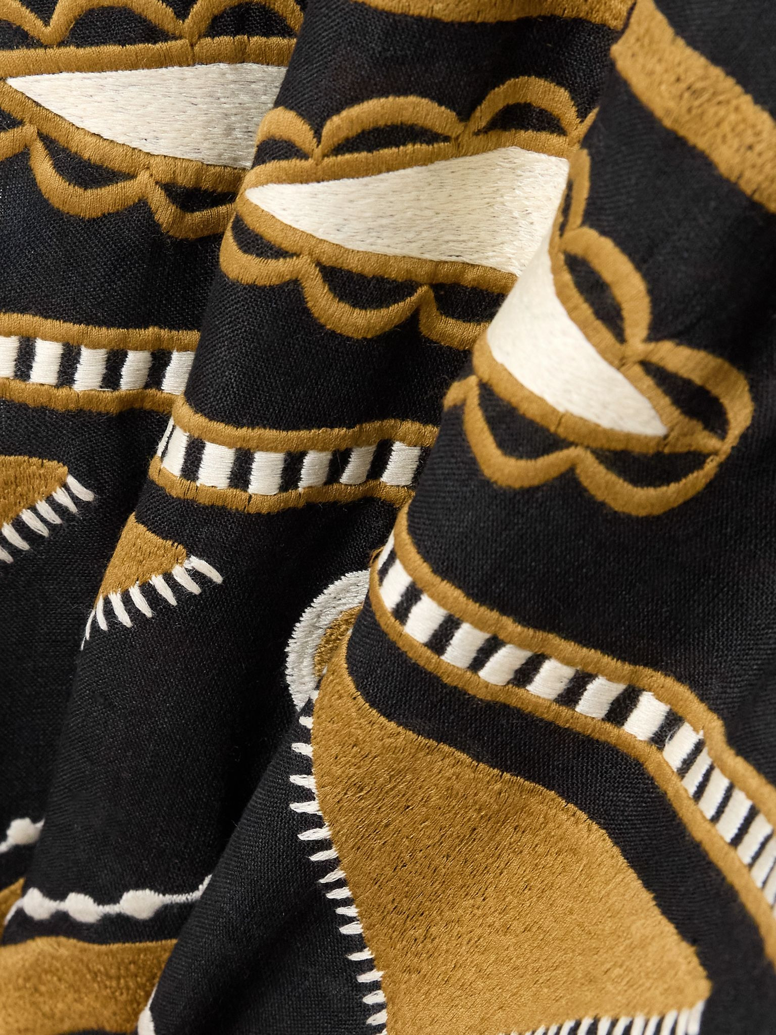 Ornament belted embroidered linen midi dress Black - 4
