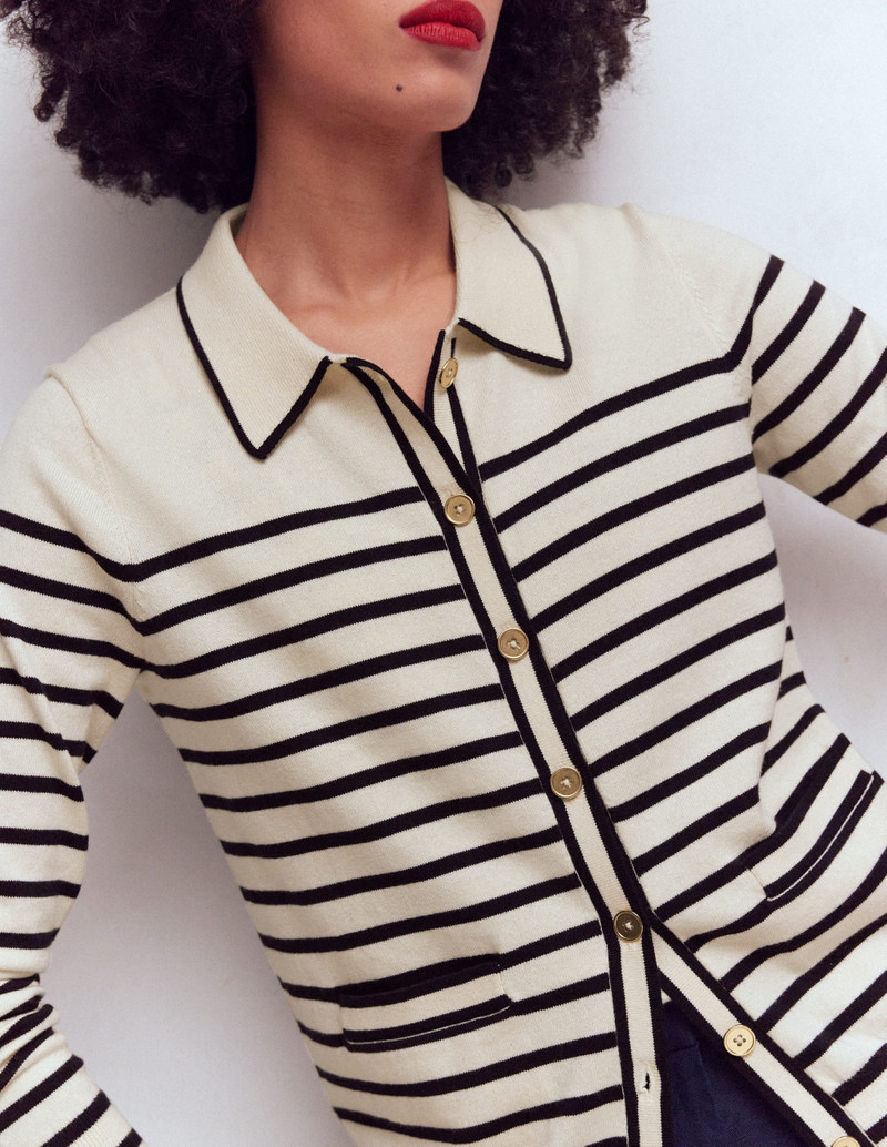 Liz Knitted Collared Cardigan-Ivory/ Navy 3