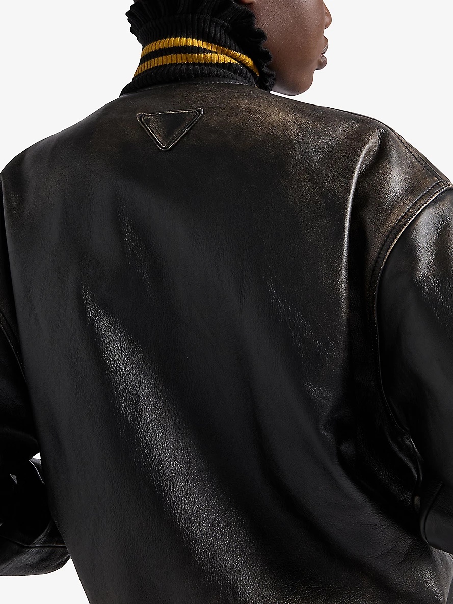 Prada Patch-motif relaxed-fit leather bomber jacket