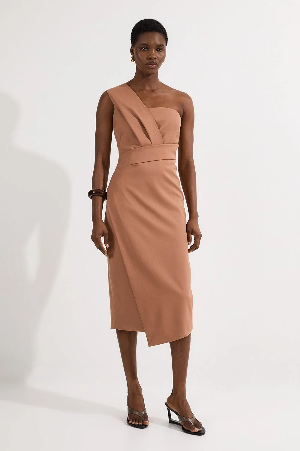 Tailored One Shoulder Tuck Detail Pencil Midi Dress - 1