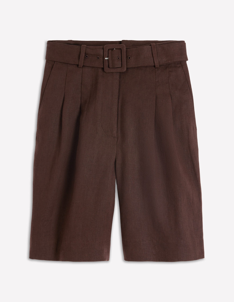 Chelsea Belted Linen Shorts-Bitter Chocolate 1