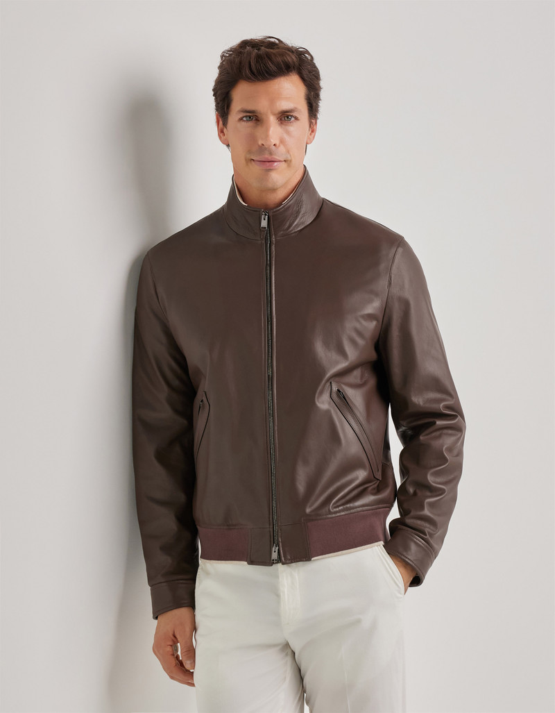CARAMEL MIXED-MATERIAL ULTRALIGHT SUEDE BOMBER JACKET WITH KNIT INSERTS 168