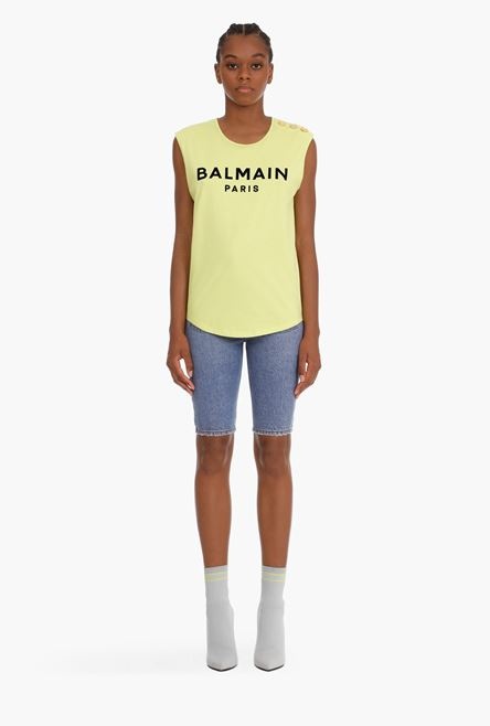 Lime green cotton T-shirt with flocked black Balmain logo - 4