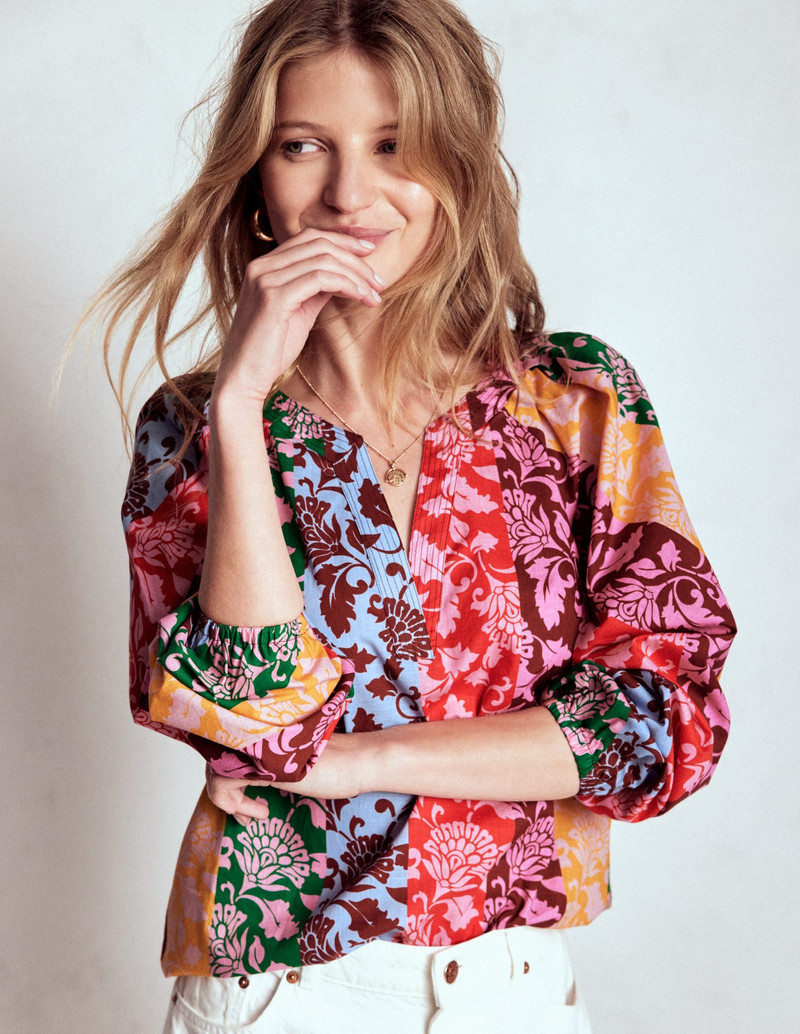 Long Sleeve Notch Top-Multi, Ornate Vine 7