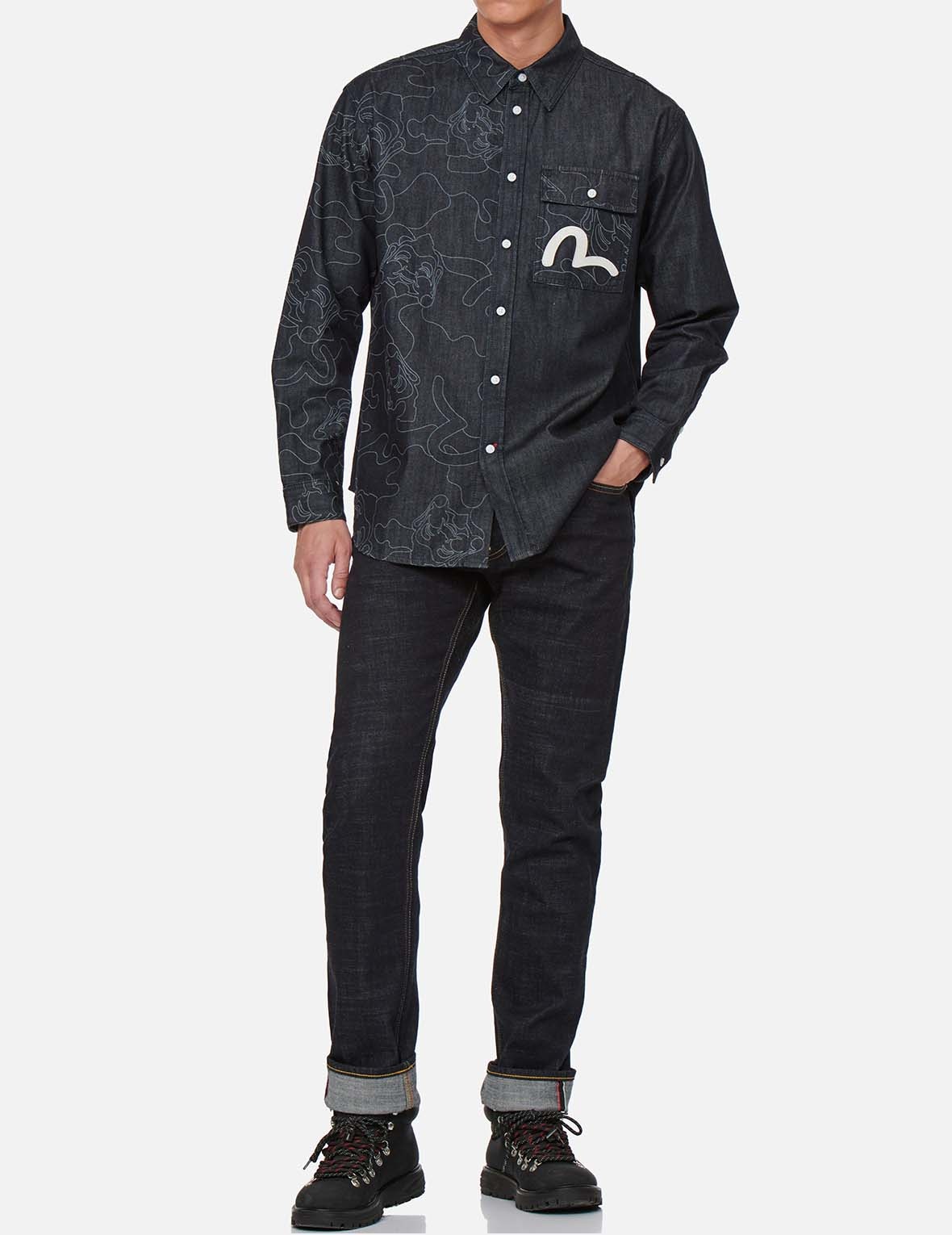 LINEAR CAMOUFLAGE DISCHARGED PRINT BLOCKING DENIM SHIRT - 5