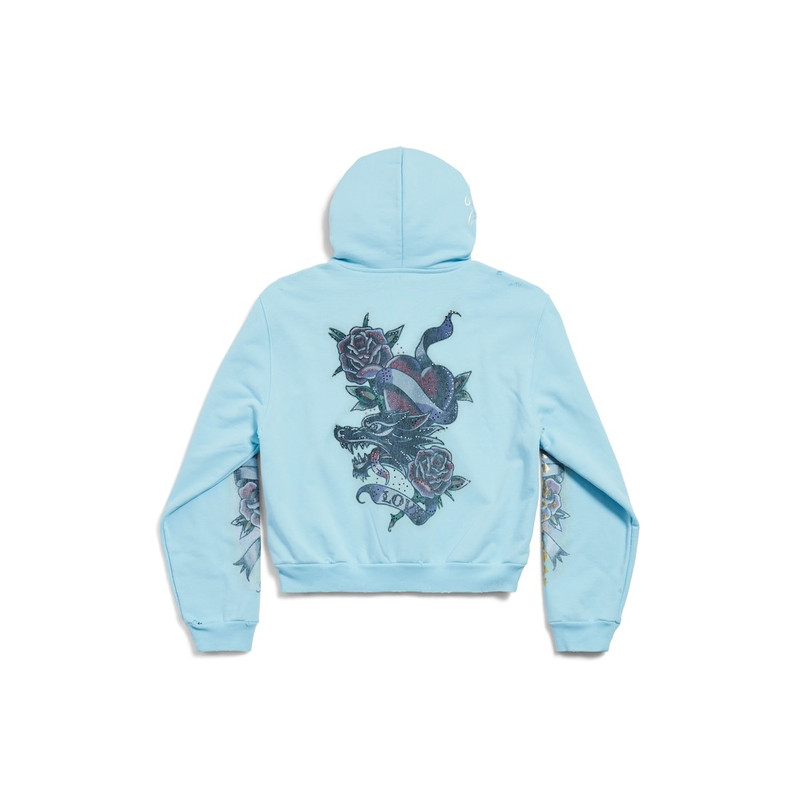 BALENCIAGA Women's Tacky Tattoo Zip-up Hoodie Small Fit in Light Blue outlook