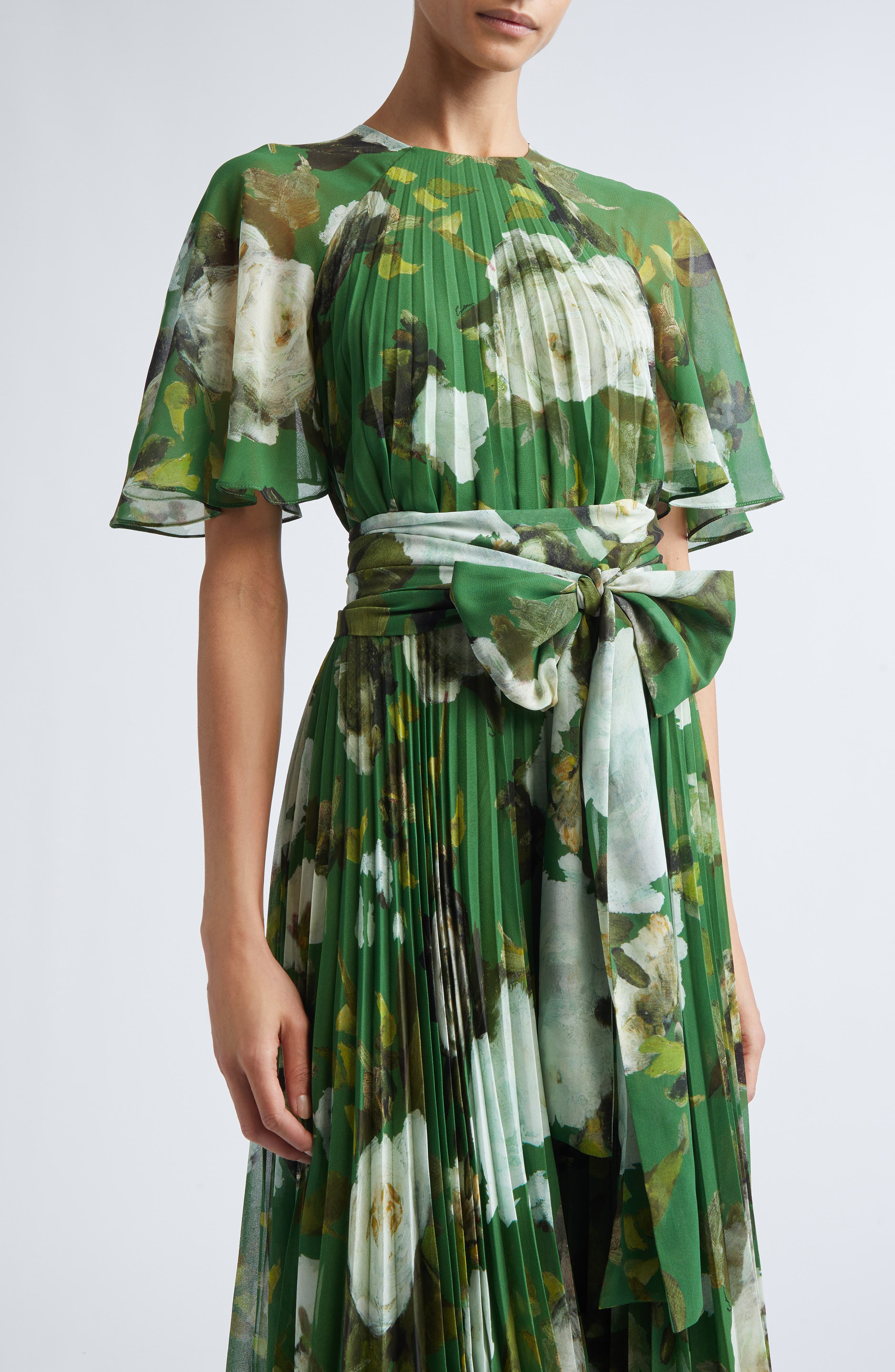 Erdem Floral Crêpe de Chine Midi Dress in Painted Rose Olive at Nordstrom - 4