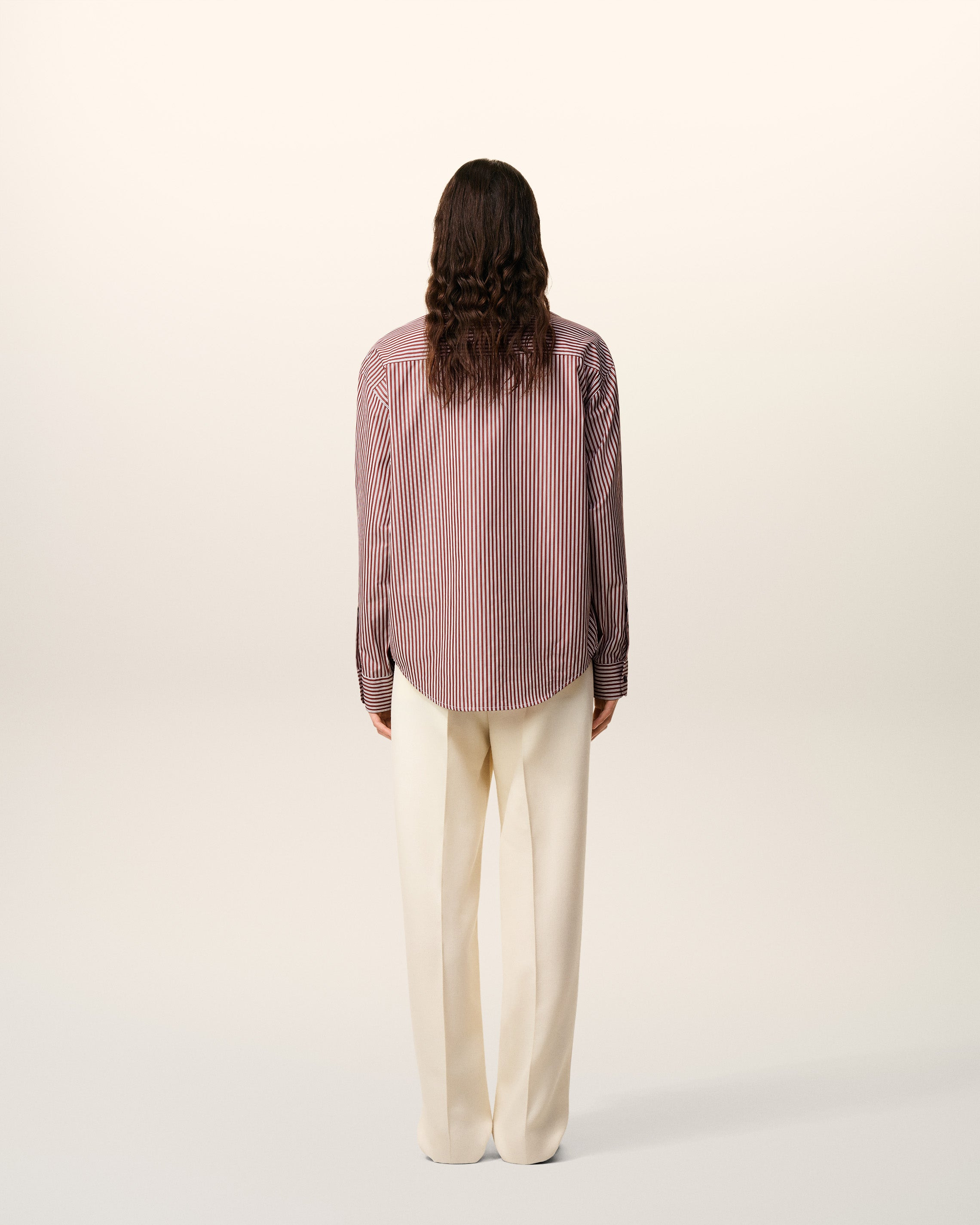 BURGUNDY COTTON EMBOSSED AMI DE COEUR STRIPED BOXY SHIRT - 5