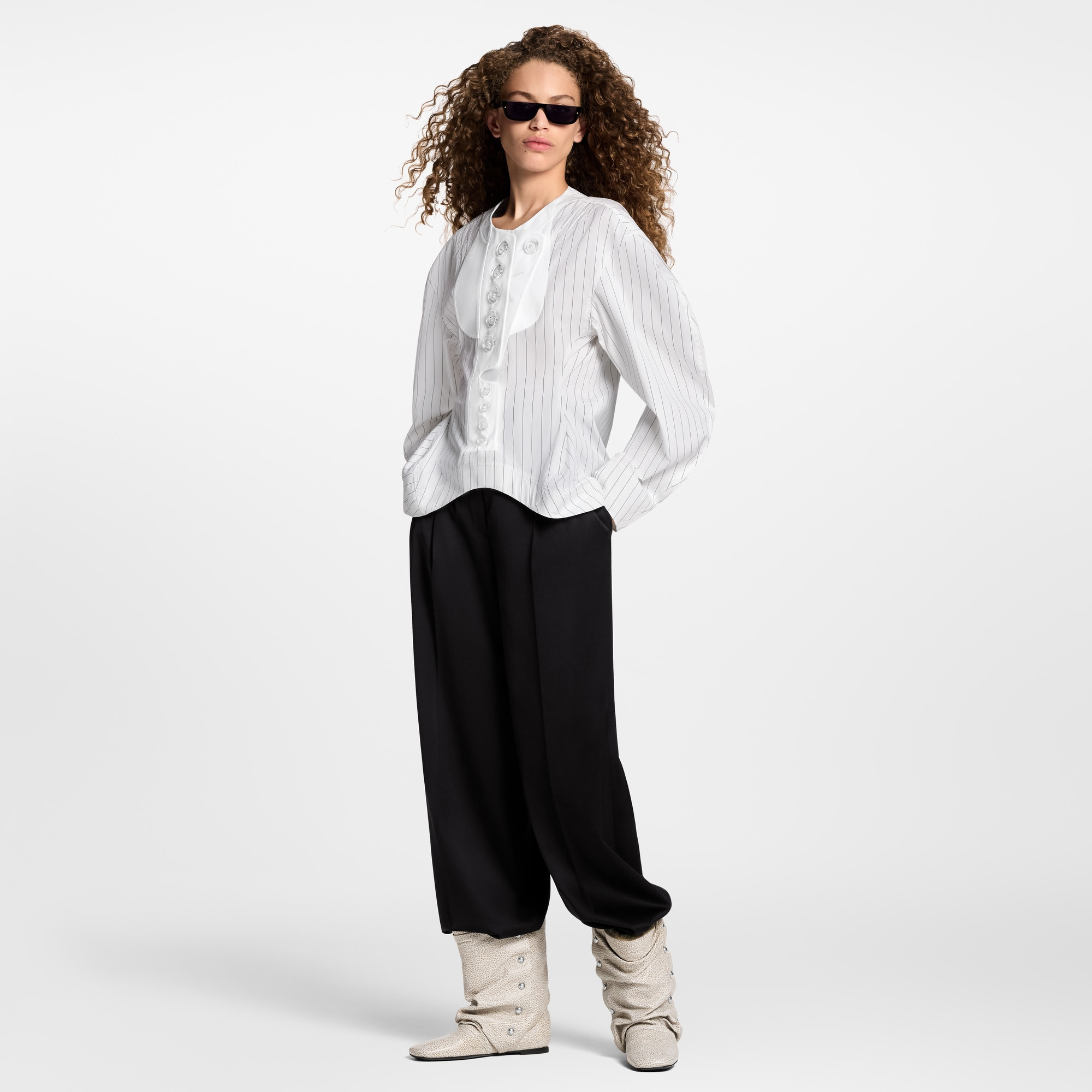 Bib Front Striped Blouse - 6