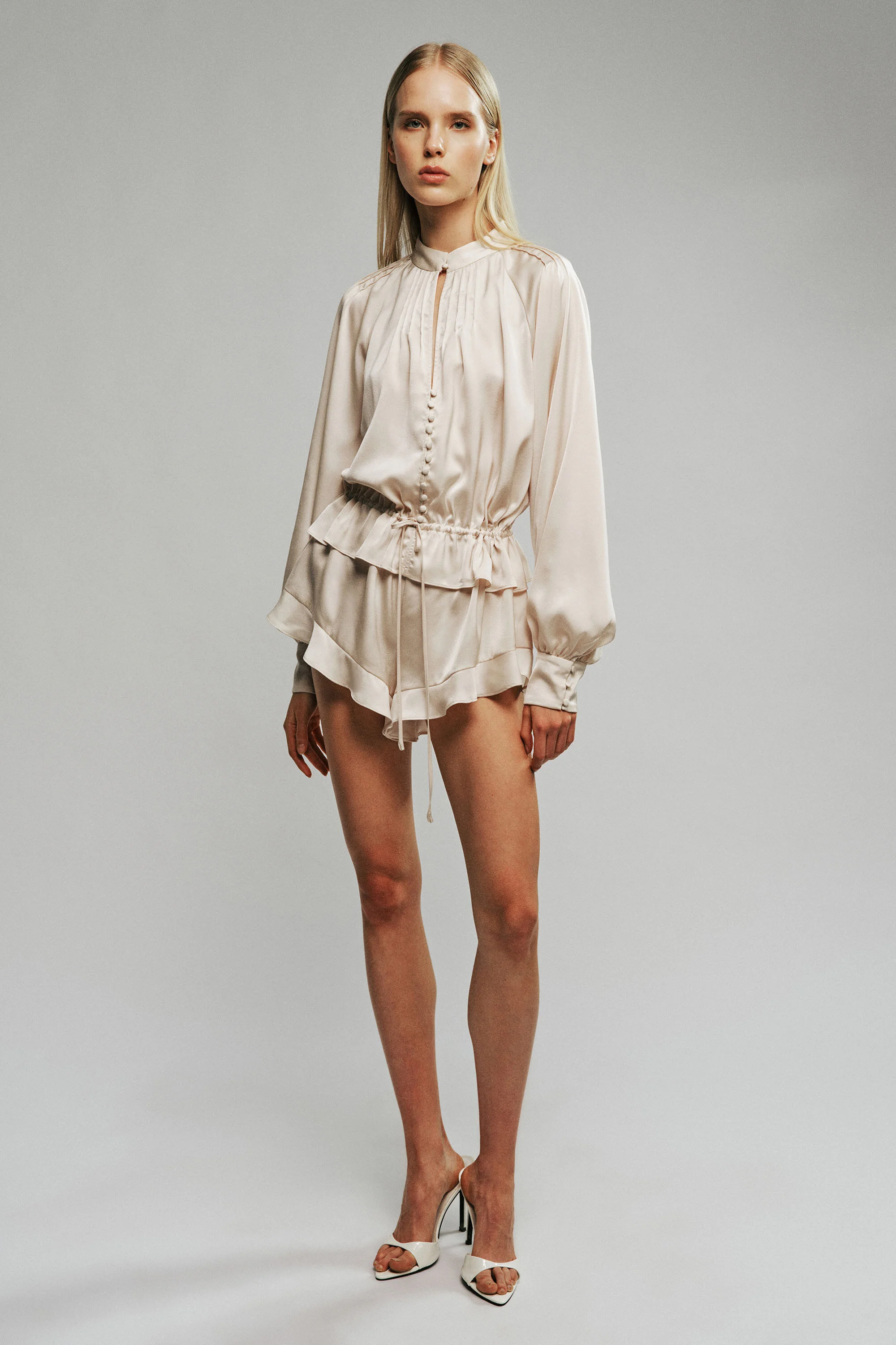 Lorelle Frill Detail Playsuit In Champagne - 1
