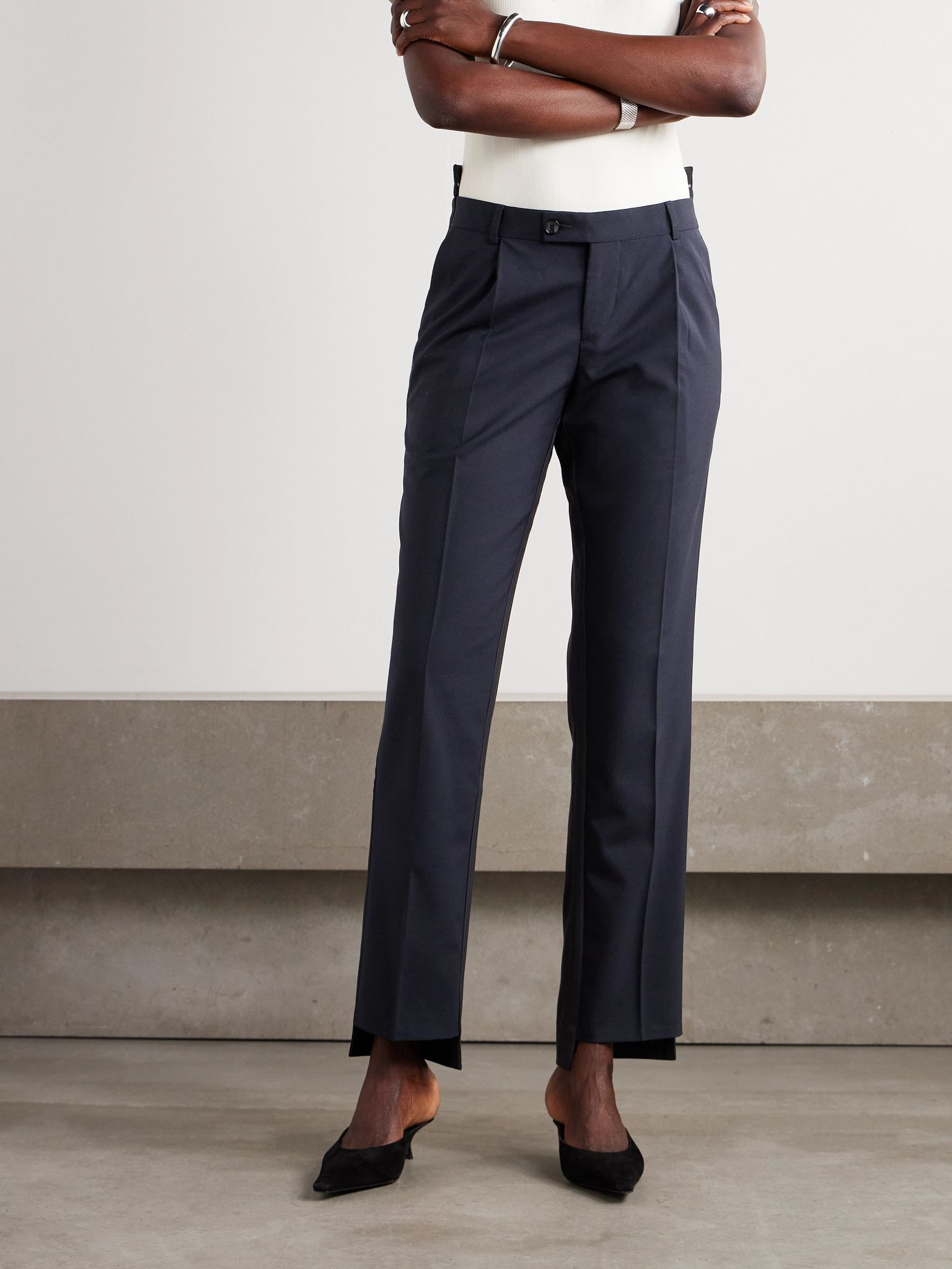 Asymmetric pleated two-tone wool-blend straight-leg pants Navy - 3