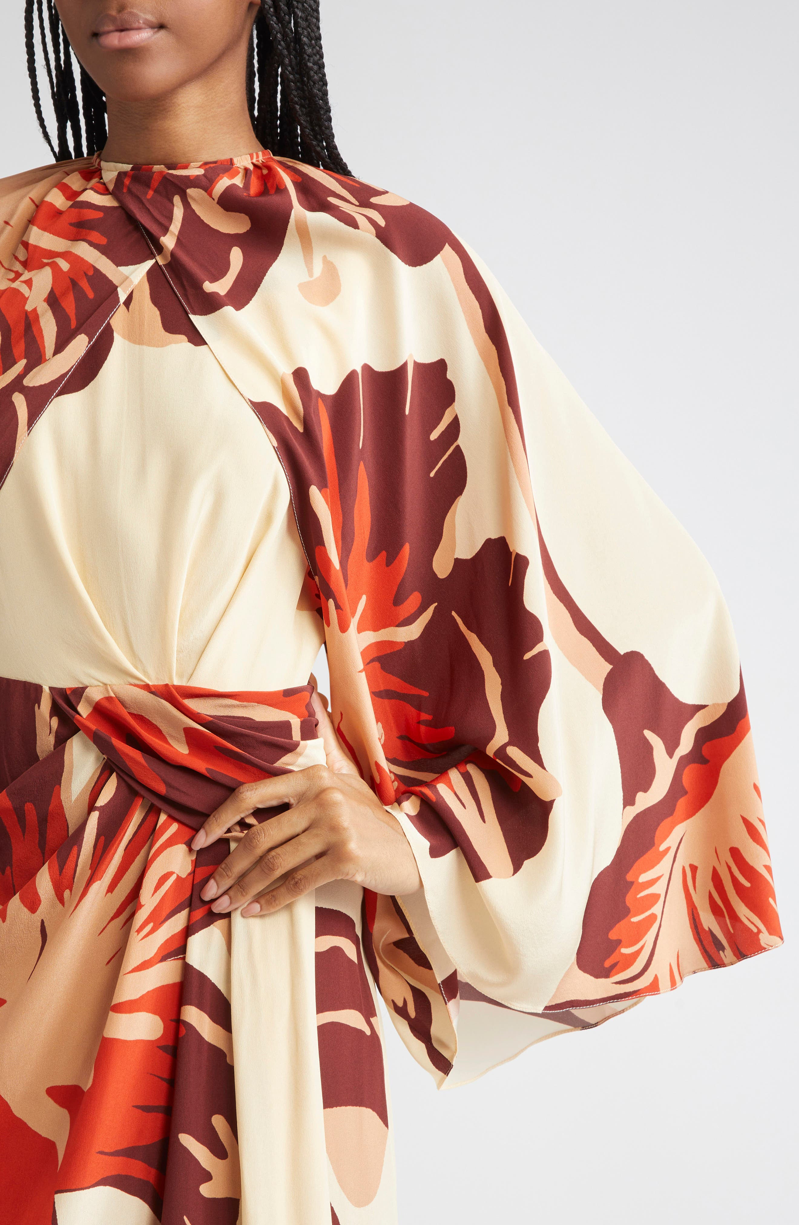 Johanna Ortiz Odyssey Floral Print Dress with Removable Cape in Ecru /Wine /Red /Pink at Nordstrom - 5
