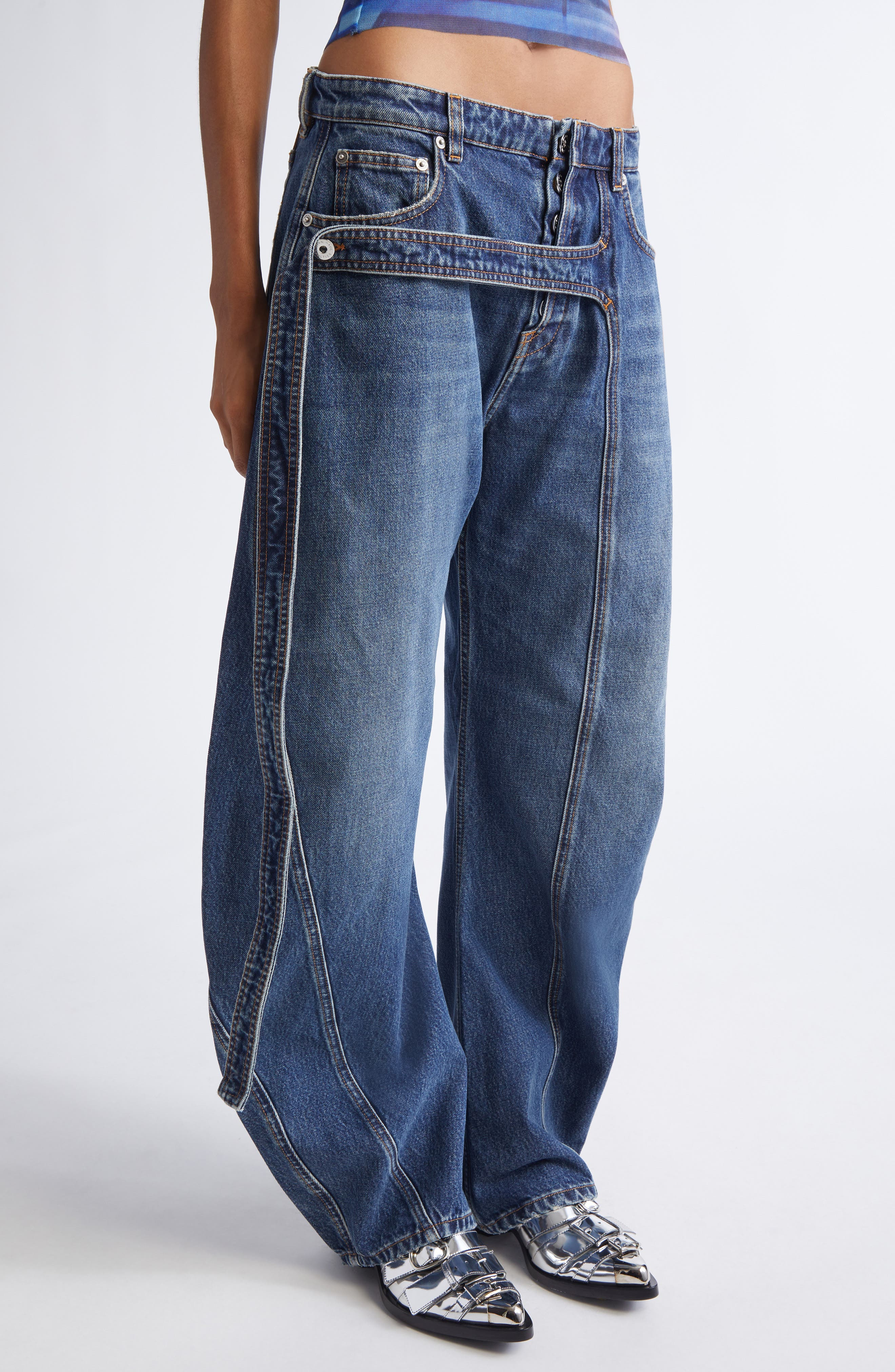 Jean Paul Gaultier Strap Detail Wide Leg Jeans in Vintage Blue at Nordstrom - 5