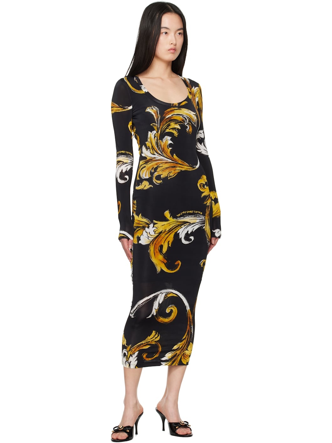 Black & Yellow Outline Barocco Midi Dress - 4