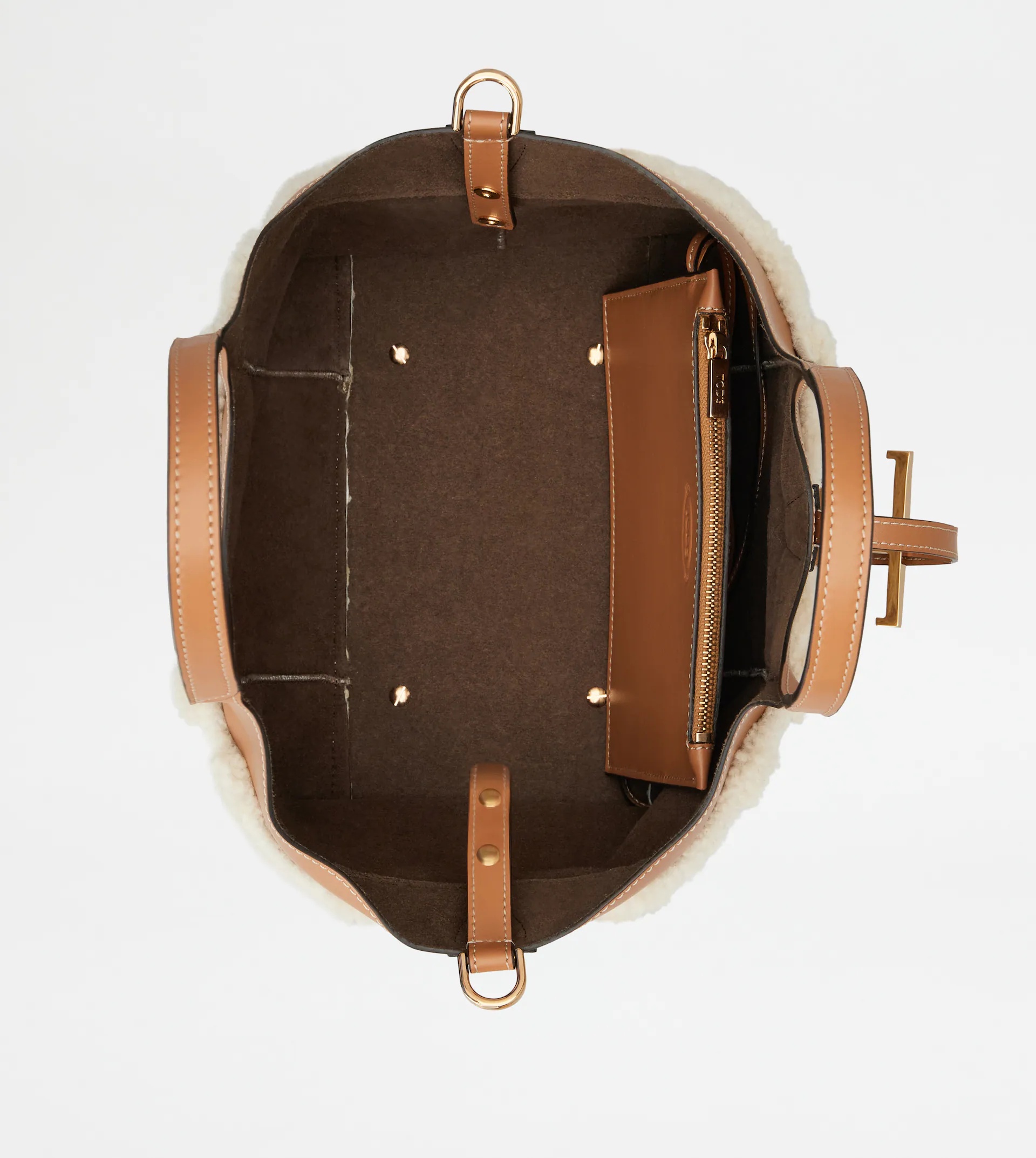 T TIMELESS SHOPPING BAG IN LEATHER AND SHEARLING MINI - BROWN, OFF WHITE - 7