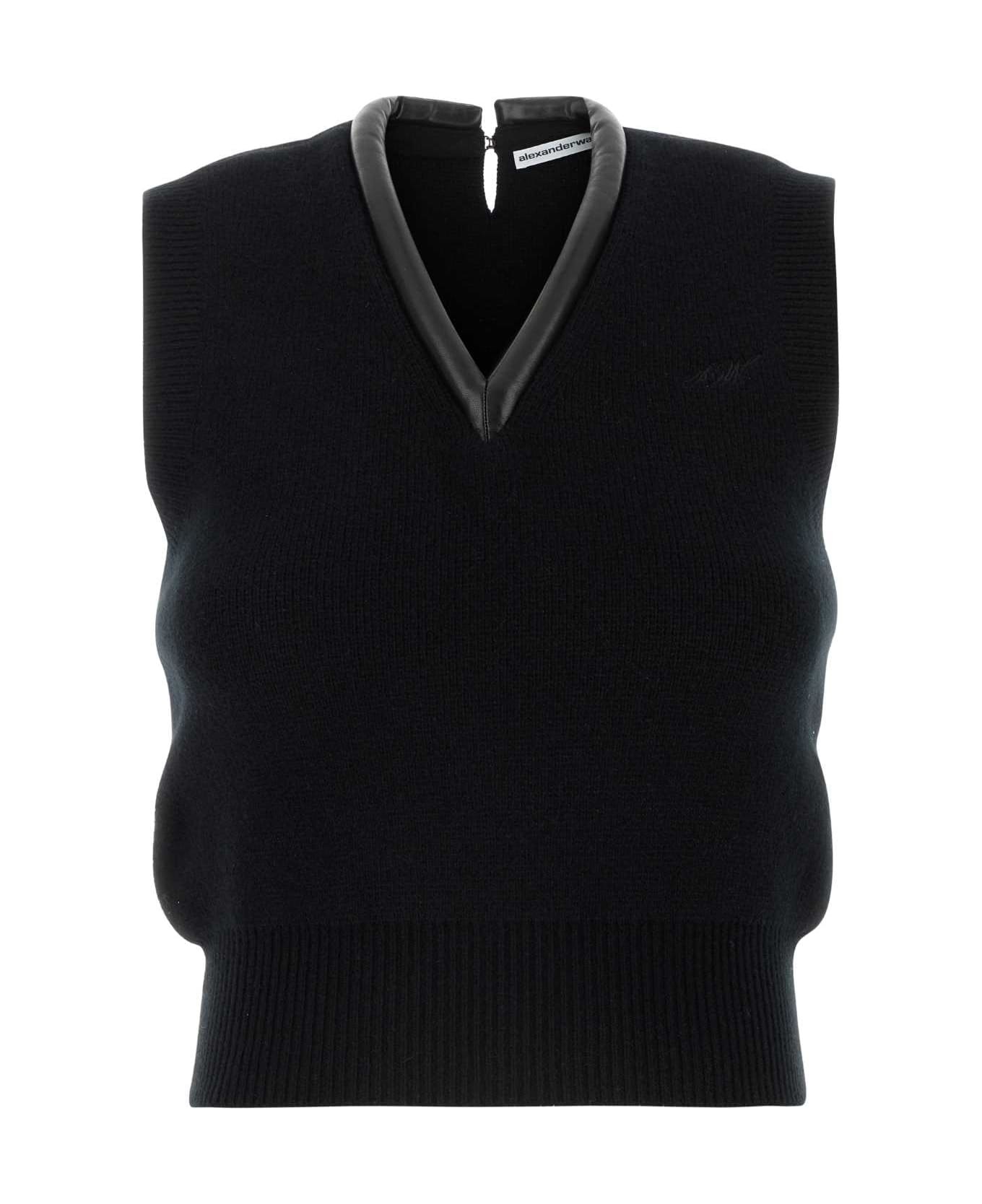 Black Stretch Wool Blend Vest - 1