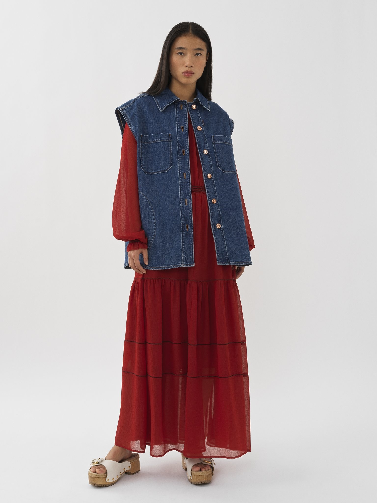 【送料&関税込】See by ChloAC Denim Vest nwot - See by Chloe Zip Faded Indigo Denim Vest Size 4 (IT