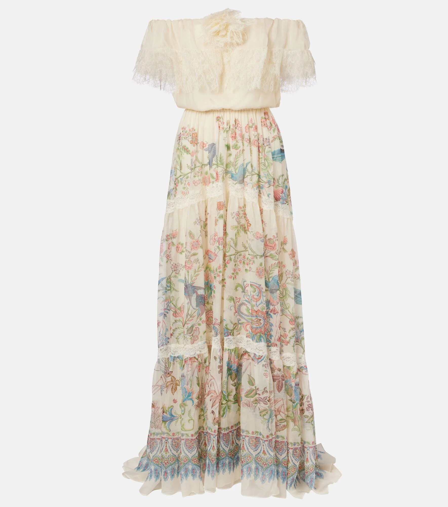 Lace-trimmed printed off-shoulder silk maxi dress - 1