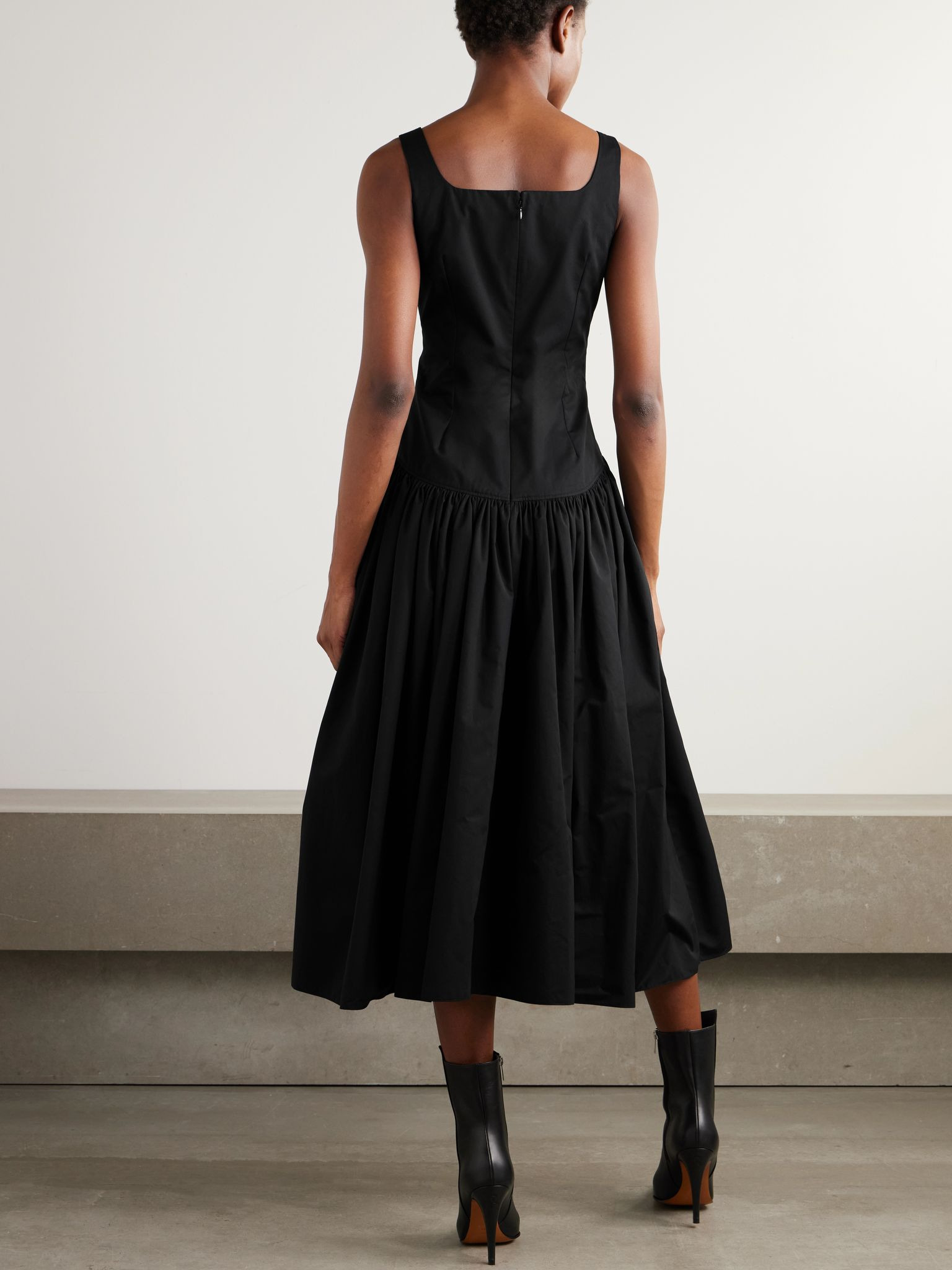 Pleated cotton-poplin midi dress Black - 3