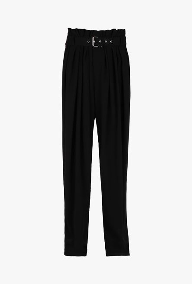 High-waisted black pleated crepe harem cut pants 1