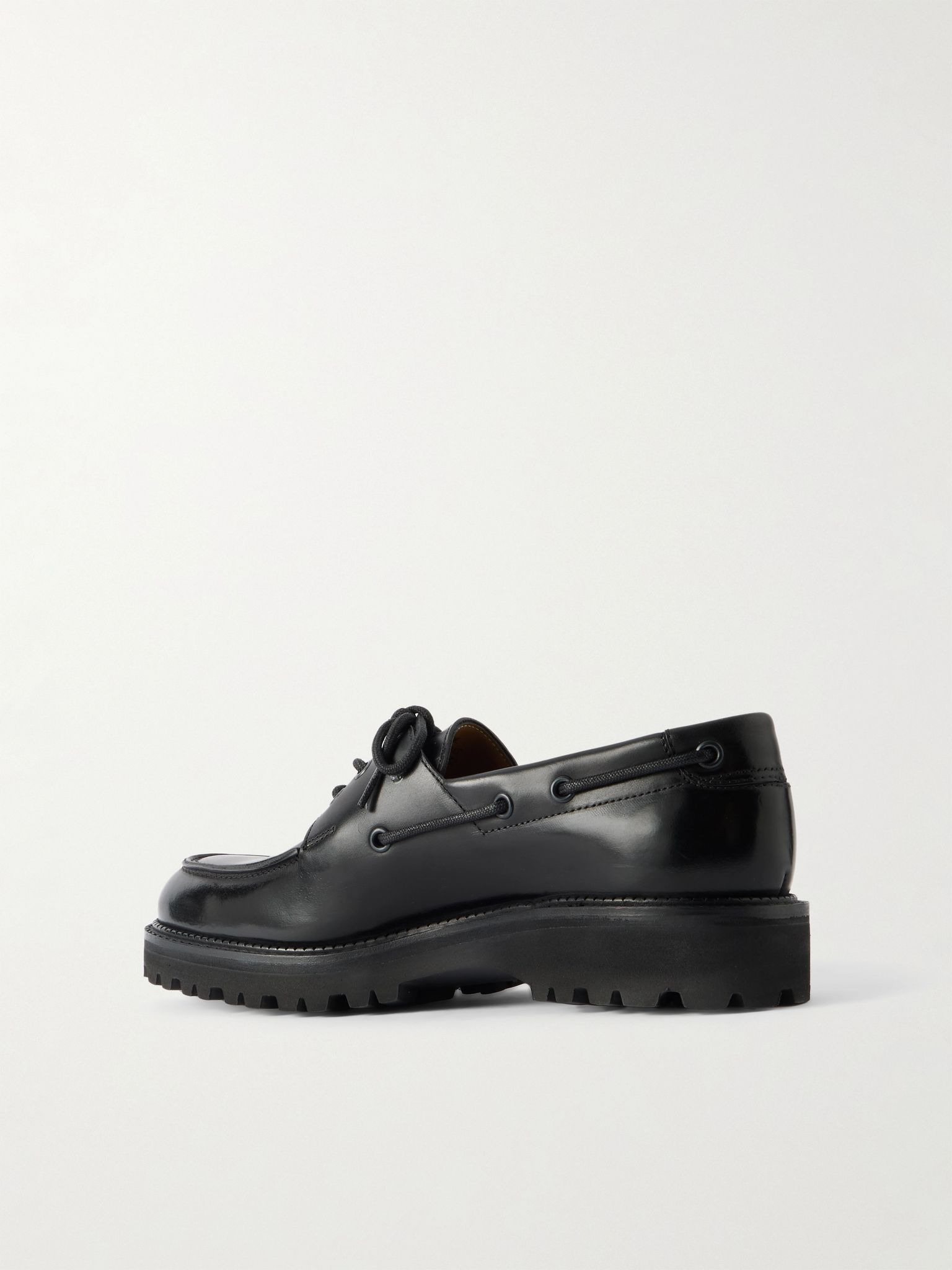 Tide Glossed-Leather Boat Shoes Black - 4