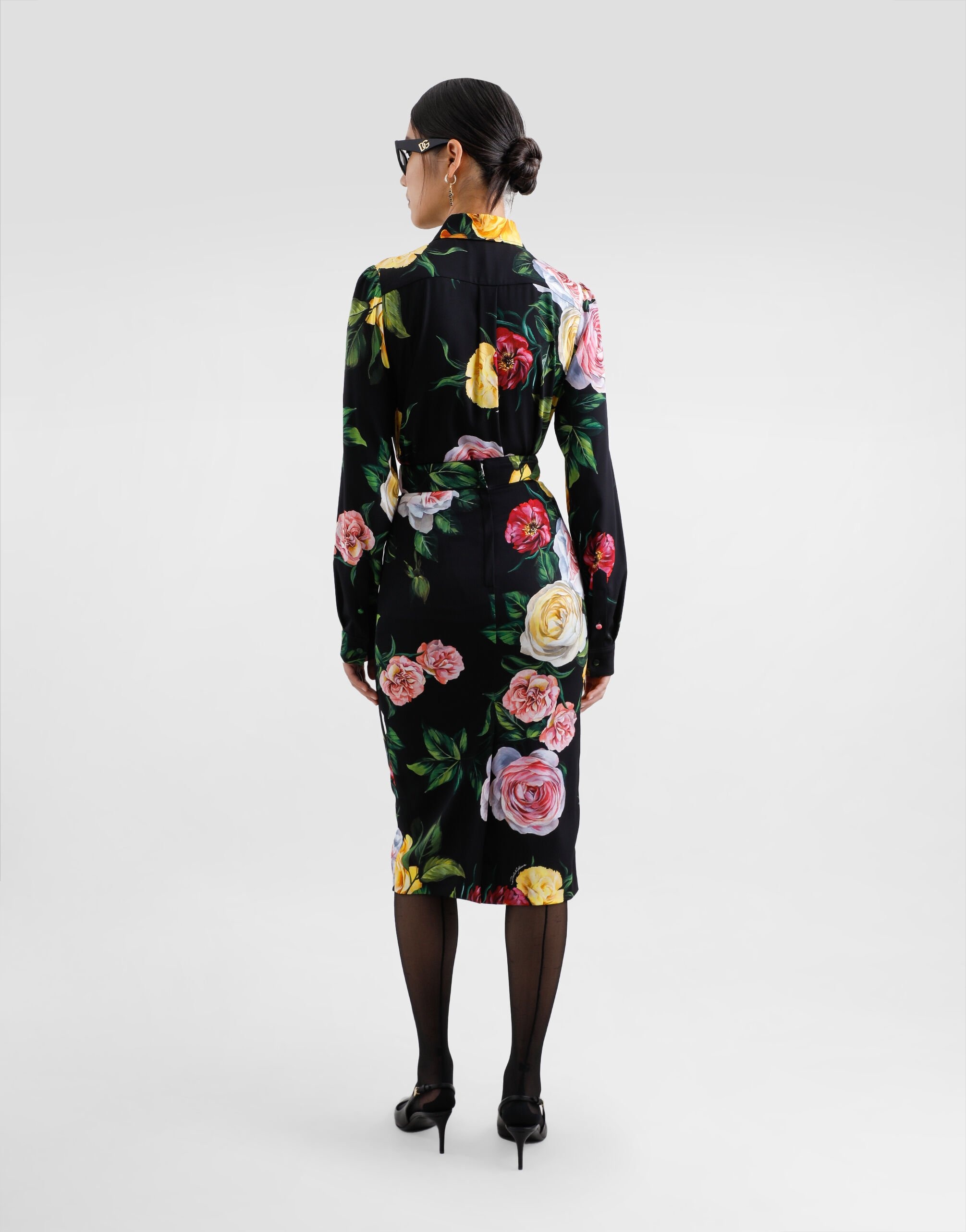 Peony and rose-print charmeuse calf-length skirt - 3