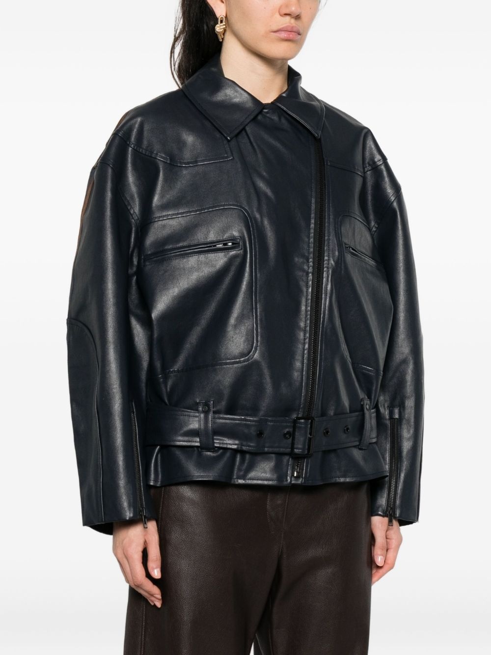 belted stripe-detail biker jacket - 3