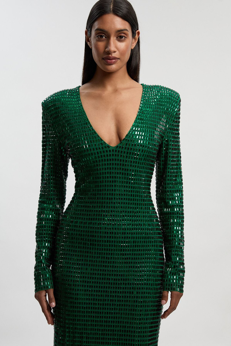 KAREN MILLEN Premium Crystal Embellished Long Sleeve Plunge Neck Midi Dress outlook