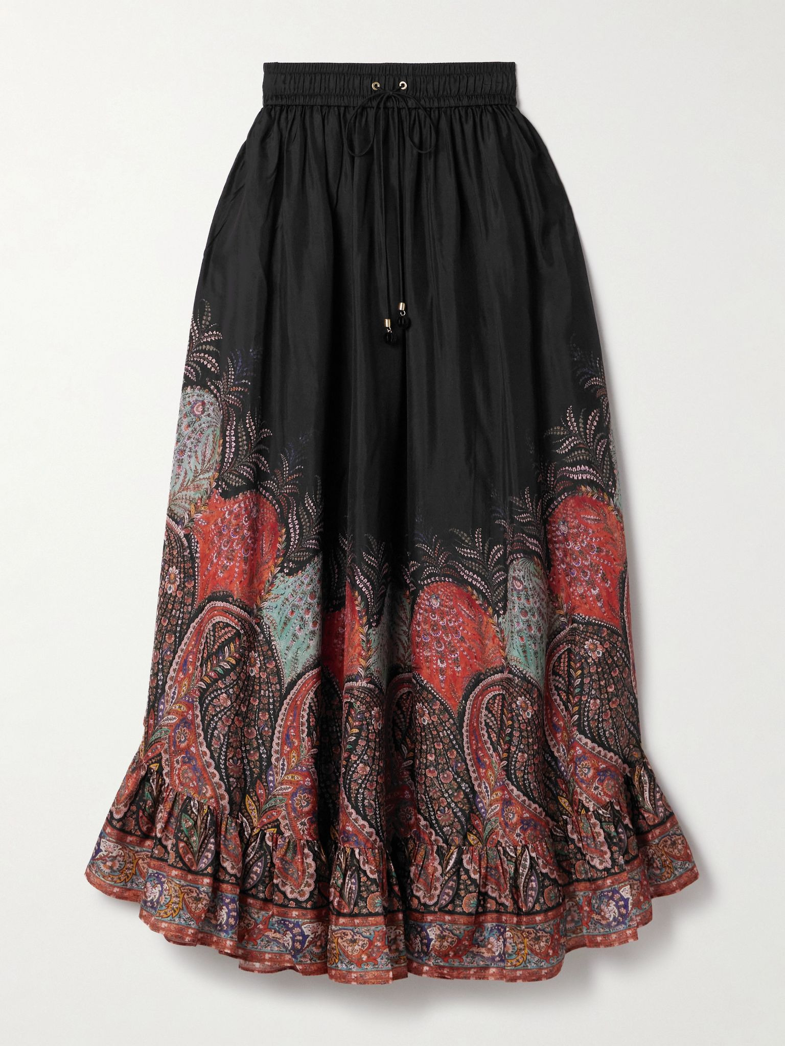 Rhiannon ruffled paisley-print organic silk maxi skirt Black - 1