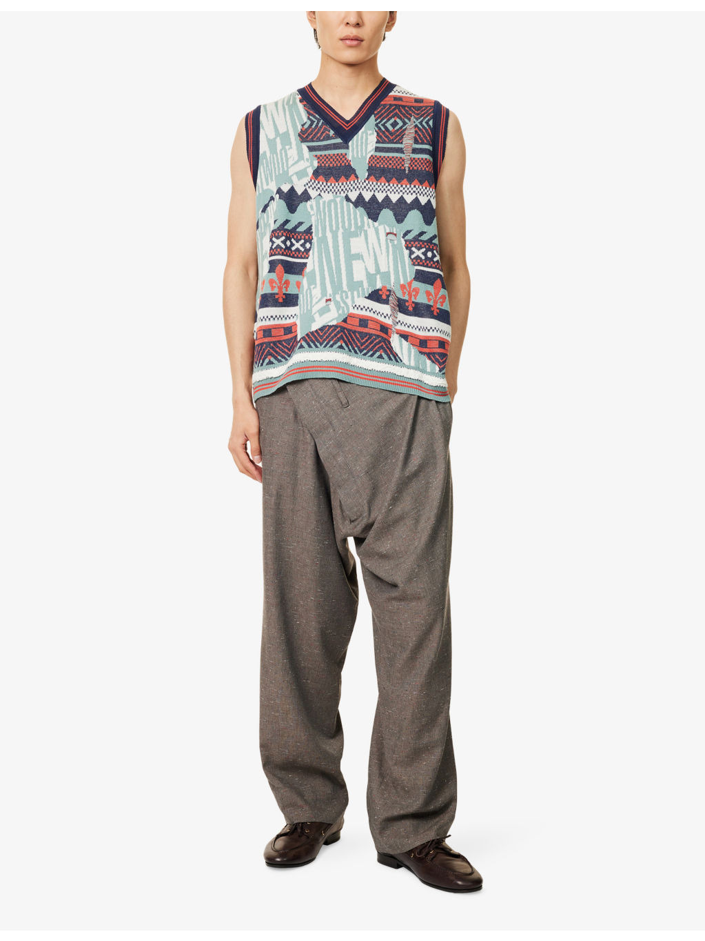 Broken Fair Isle V-Neck Wool, Linen And Cotton Vest - 2