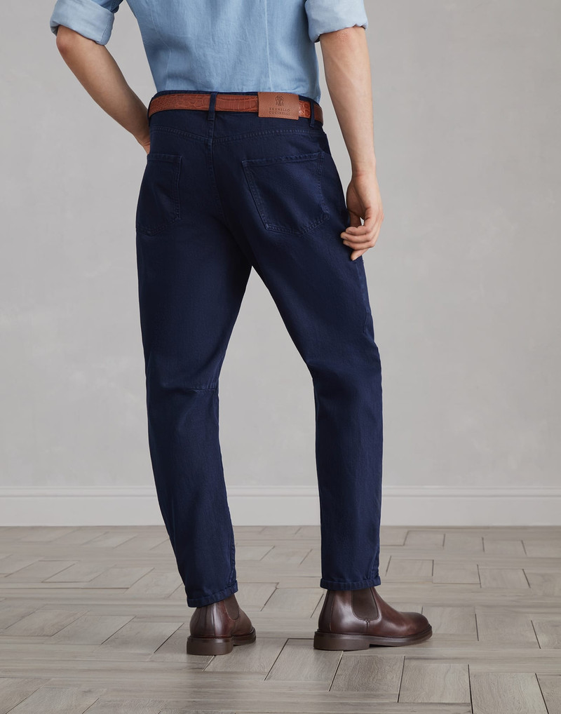 Brunello Cucinelli Garment-dyed slubbed denim leisure fit five-pocket trousers with rips outlook