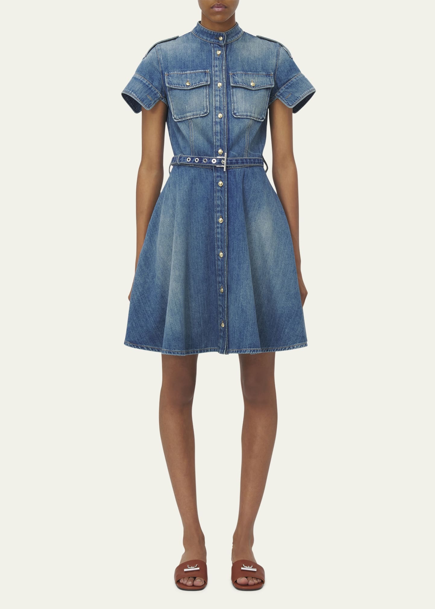 Short-Sleeve Belted Denim Mini Shirtdress - 2