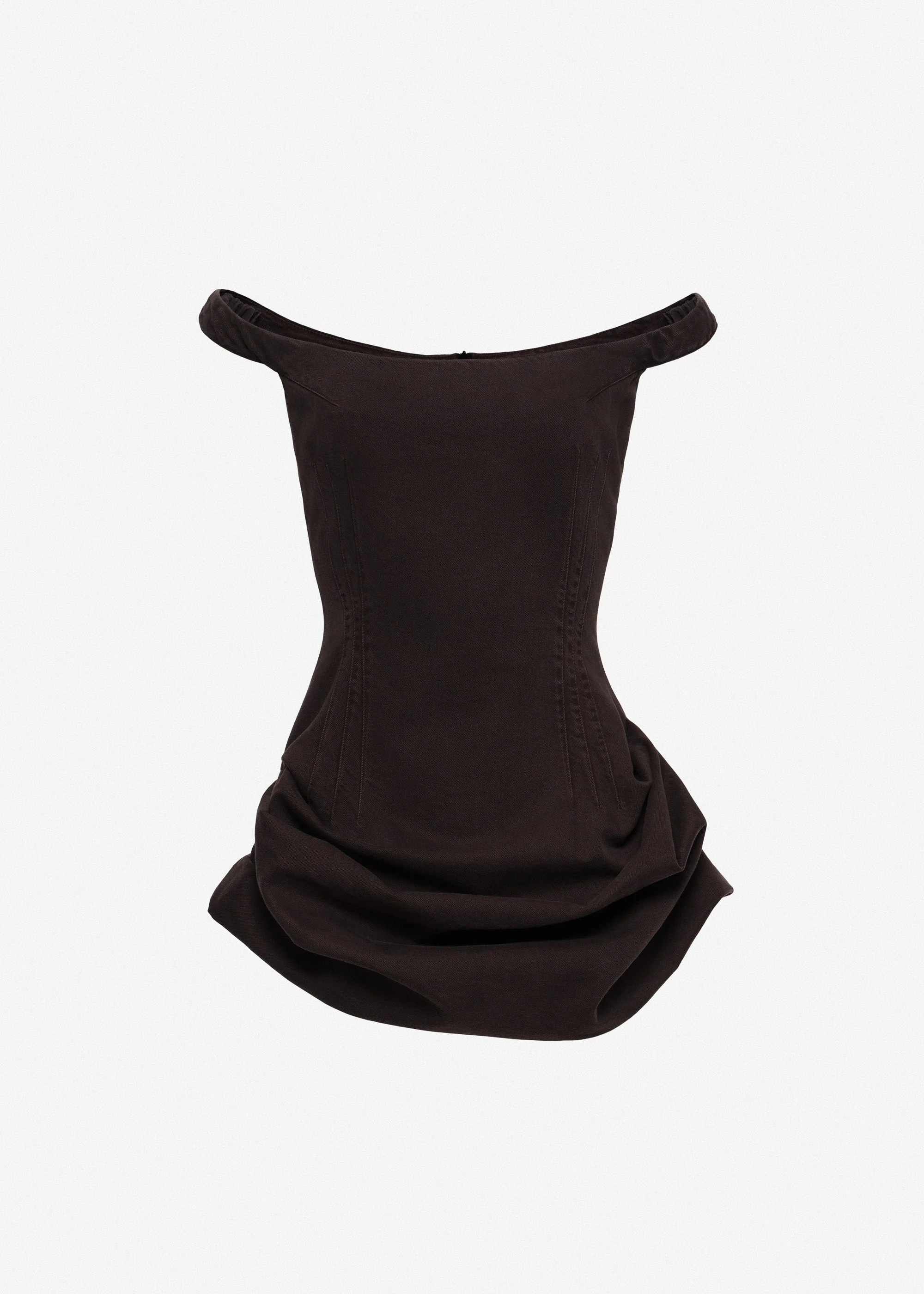 Off-shoulder fitted denim mini dress in brown - 1