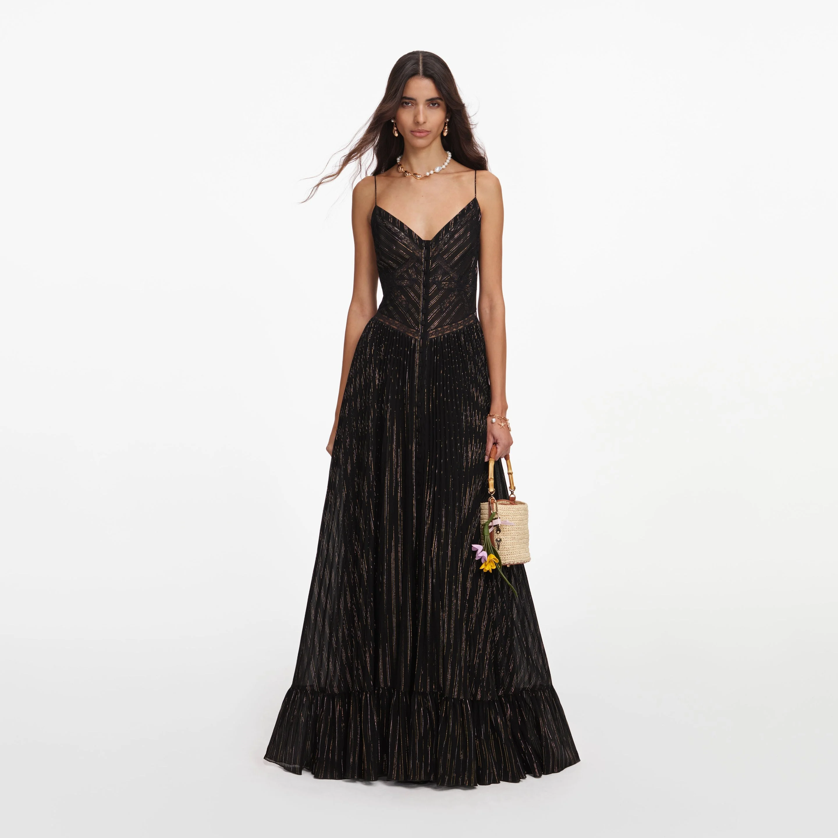 Black Lurex Stripe Pleated Maxi Dress - 1