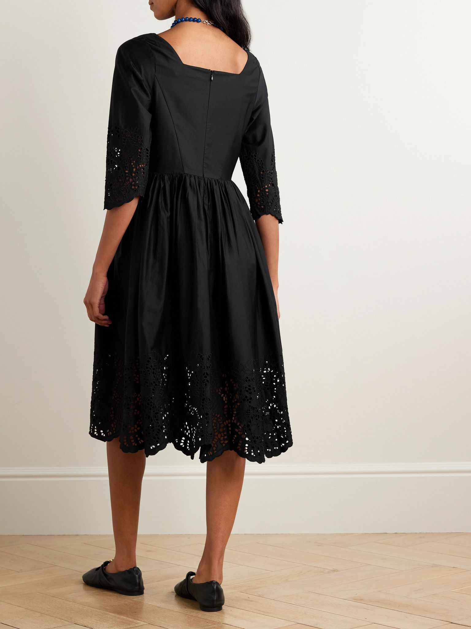 Amalia pleated broderie anglaise cotton-poplin midi dress Black - 3