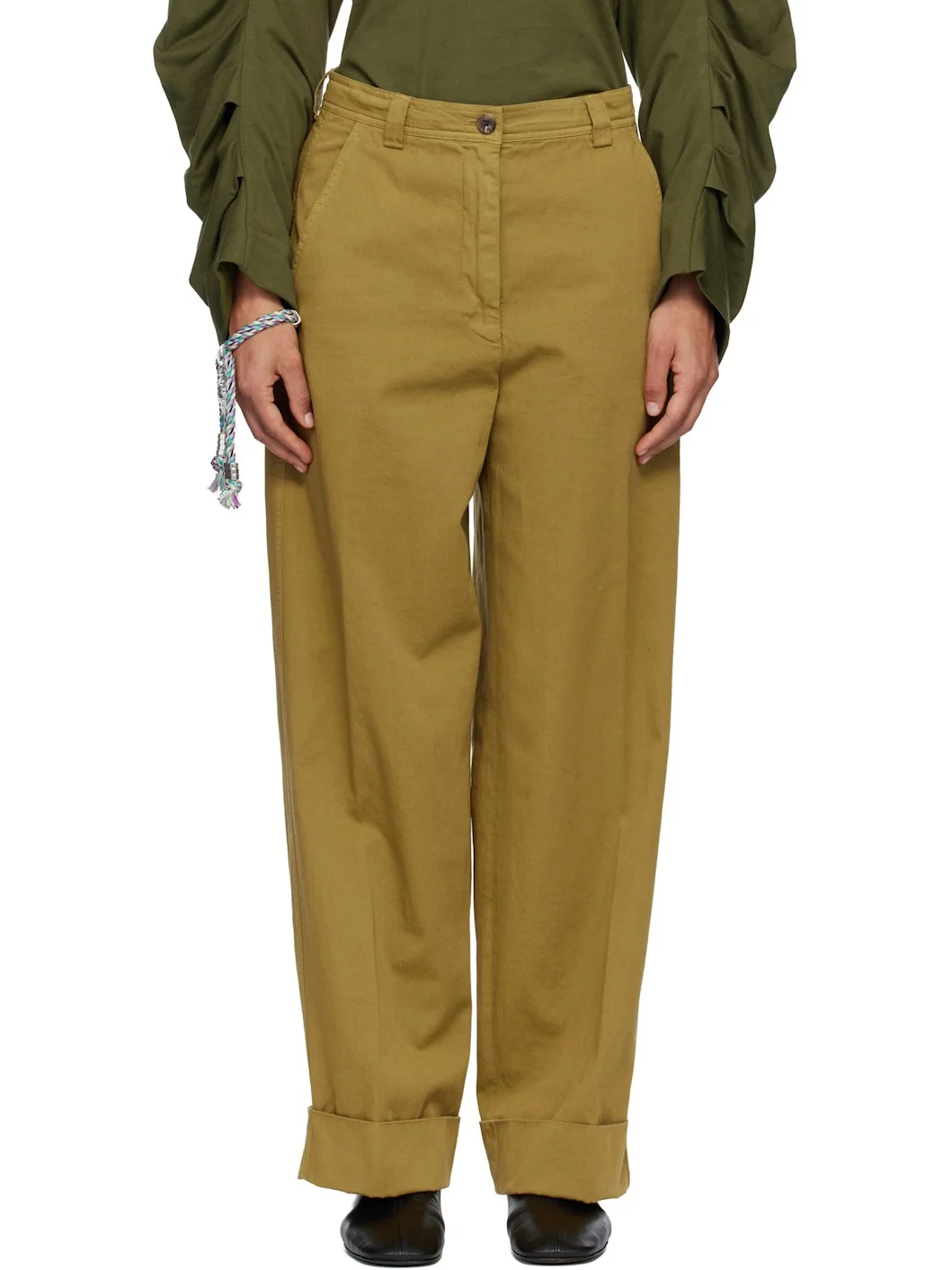 Khaki Cuffed Cotton Trousers - 1