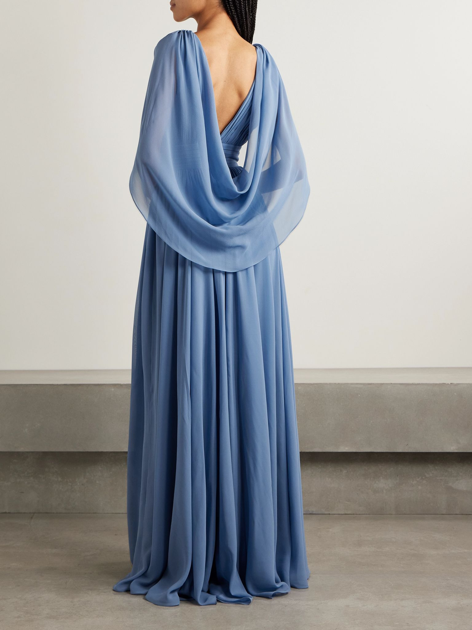 Cape-effect pleated silk-georgette gown Blue - 3