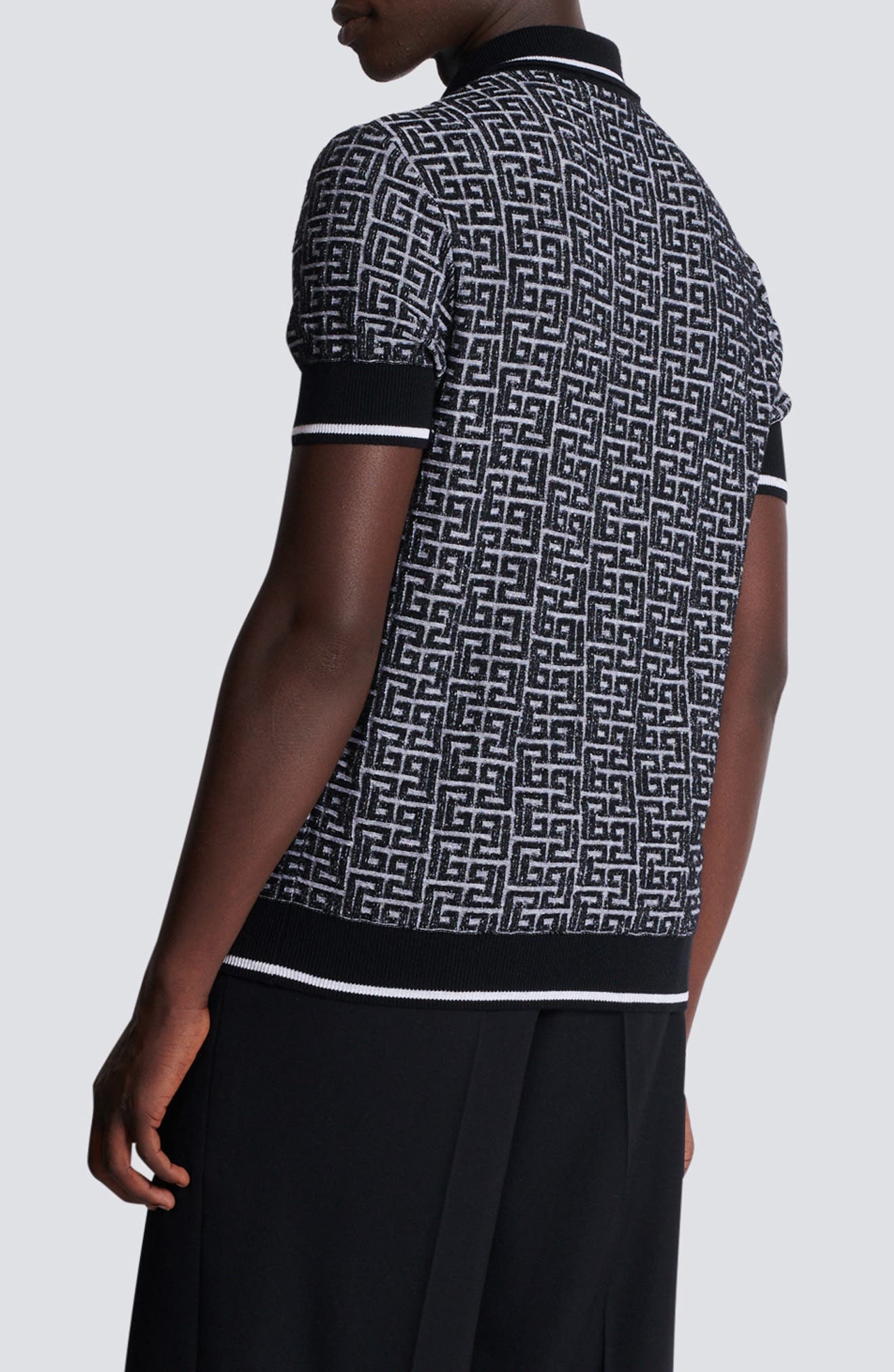 Balmain Monogram Jacquard Merino Wool Polo Sweater in Gab White/Black at Nordstrom - 2