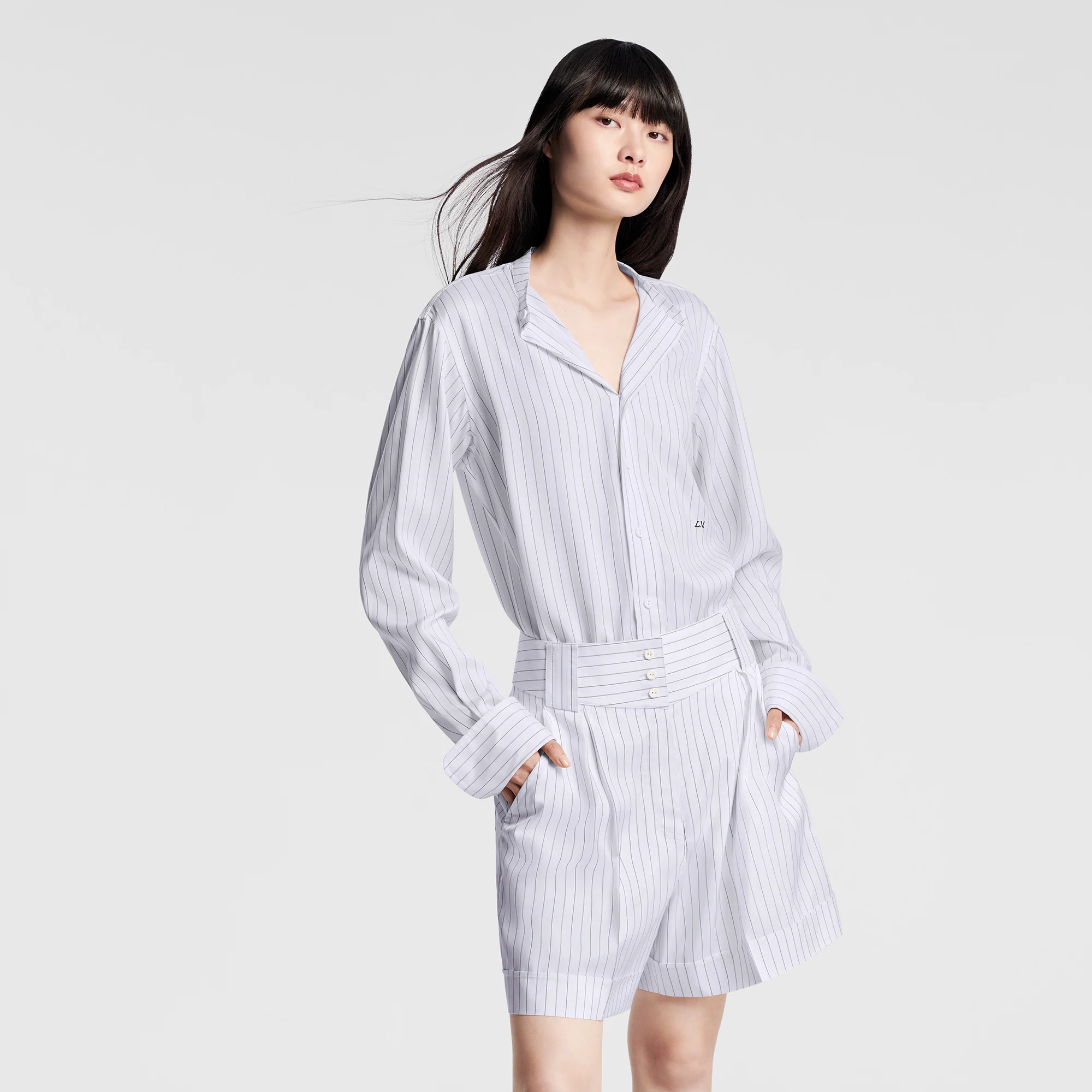 Collarless Pinstripe Silk Shirt - 5