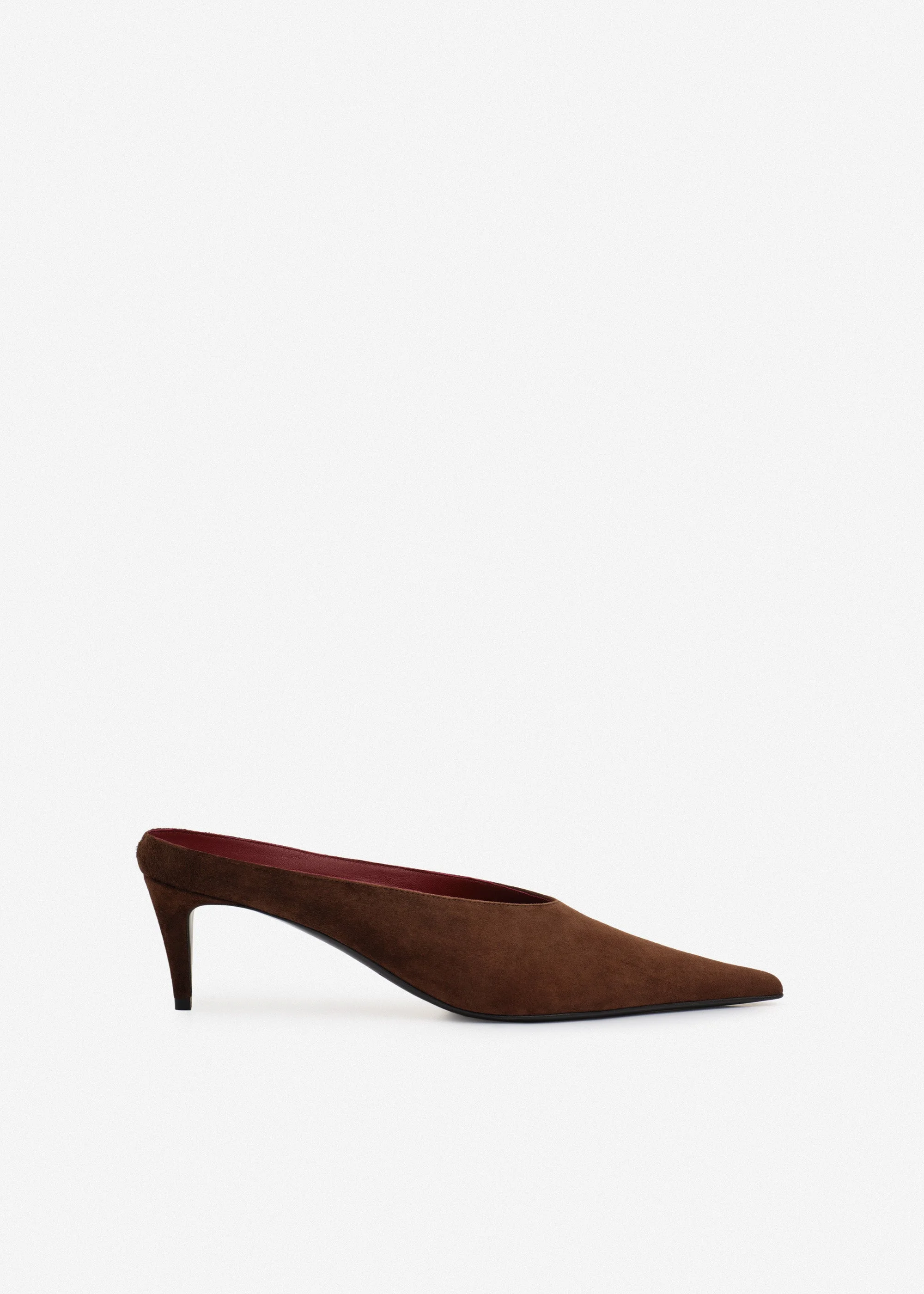 Pointed-toe kitten heel mules in brown suede - 1