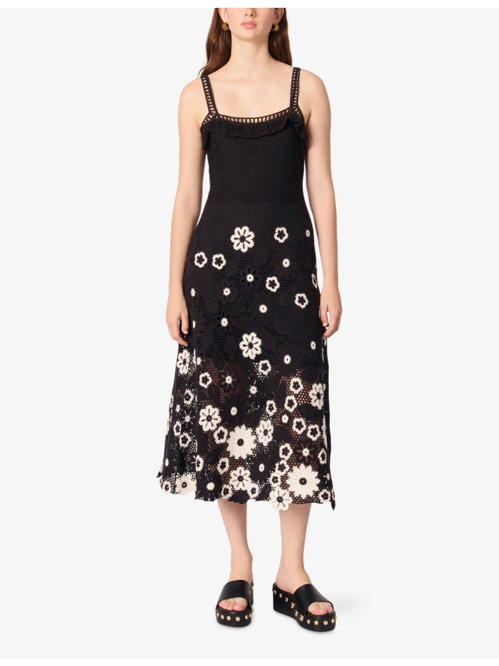 Sleeveless Floral-Pattern Cotton-Crochet Midi Dress - 2