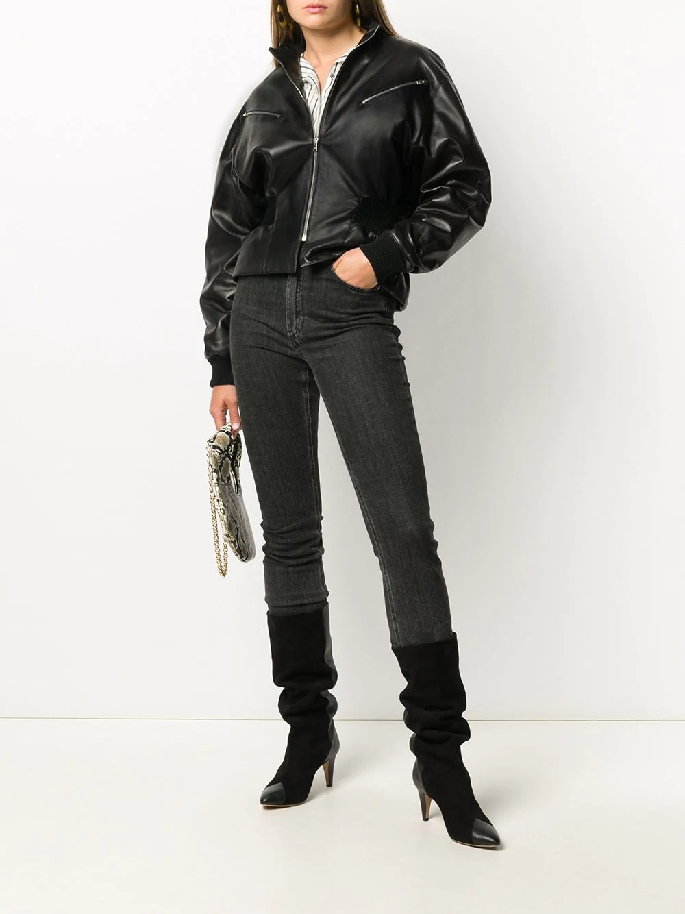 gathered-waist leather jacket - 2