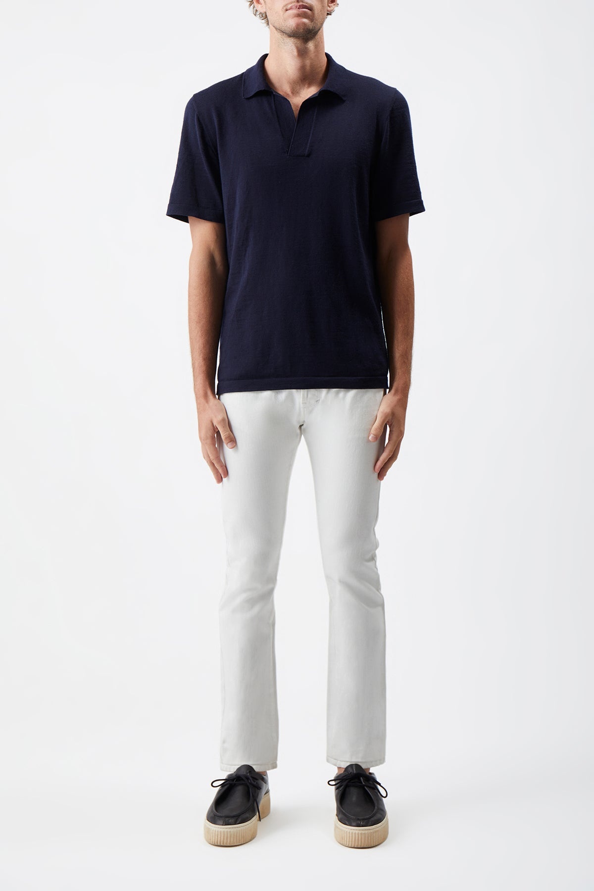 Stendhal Knit Short Sleeve Polo in Navy Cashmere - 2