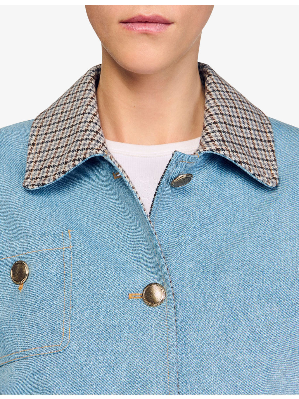 Checked-Collar Patch-Pocket Denim Jacket - 5