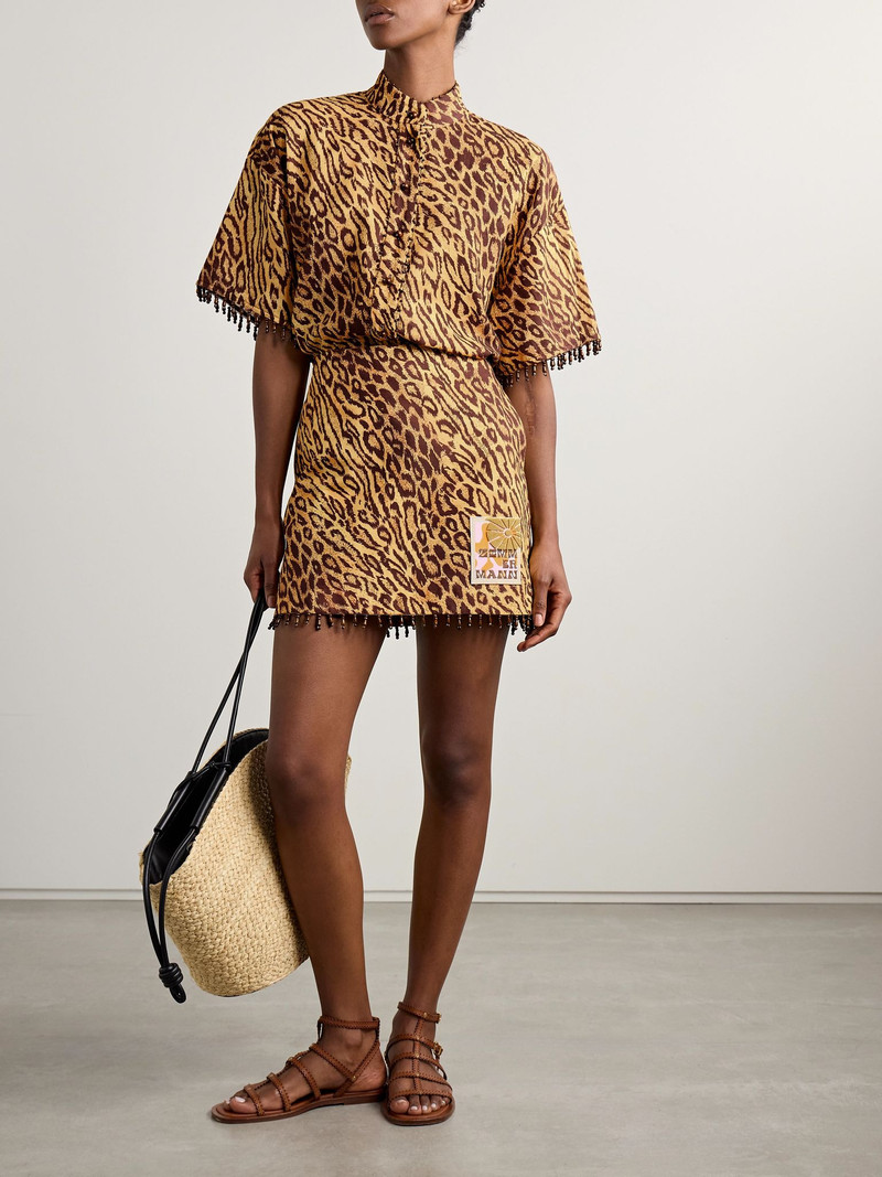 Zimmermann Coco bead-embellished appliquéd leopard-print cotton mini skirt Leopard print outlook