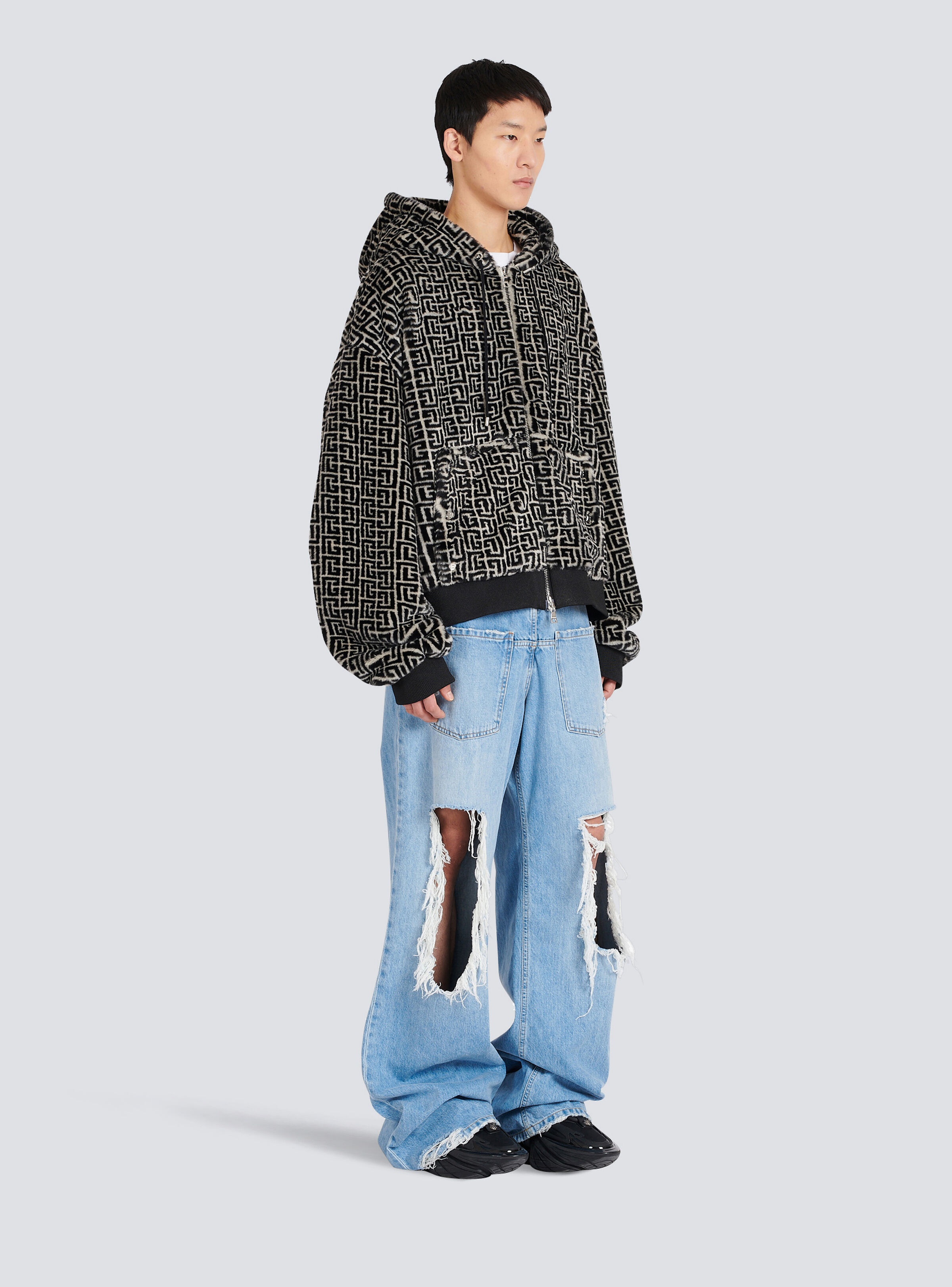 Hooded faux fur sweatshirt with Balmain monogram - 5