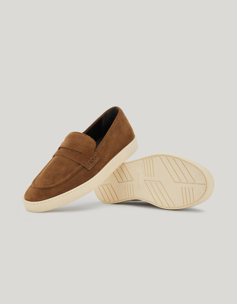 BURNT BROWN SUEDE PENNY LOAFERS WITH GUNMETAL RIVET 2
