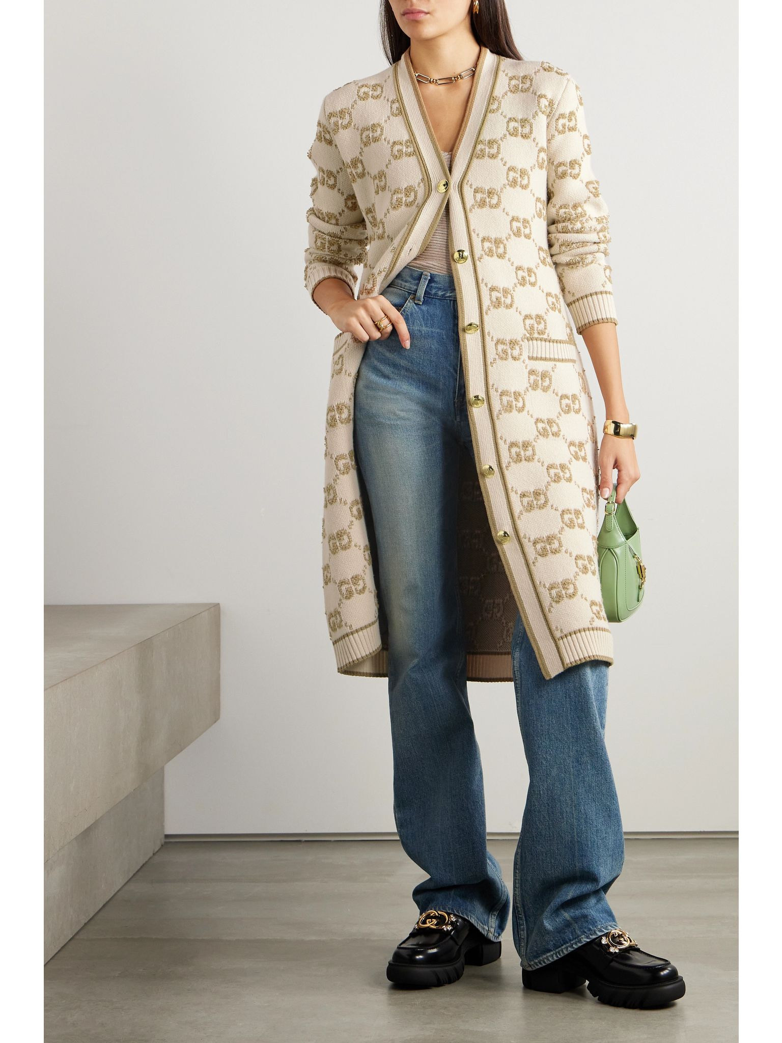 Belted wool-jacquard cardigan Camel - 2