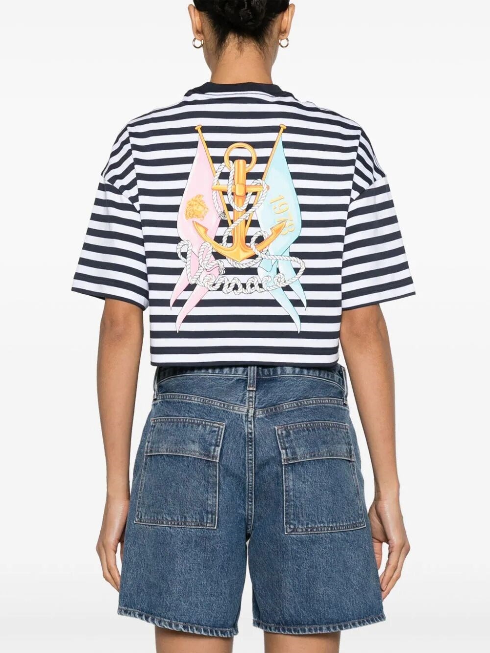 Nautical Stripes And Logo `Still Versace` Cropped T-Shirt - 5